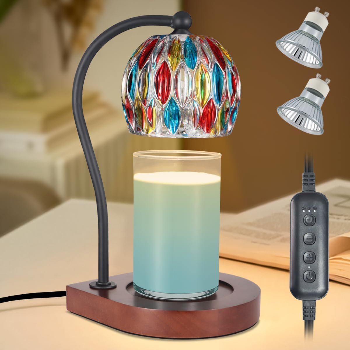 Electric Candle Warmer Lamp with Timer＆Dimmable for Jar Scented Candles, Wax Melting Tabletop Light Suitable as a Home Decor Thanksgiving Christmas Day Gift for Women Mom, with 2 Bulbs(7 Colors)