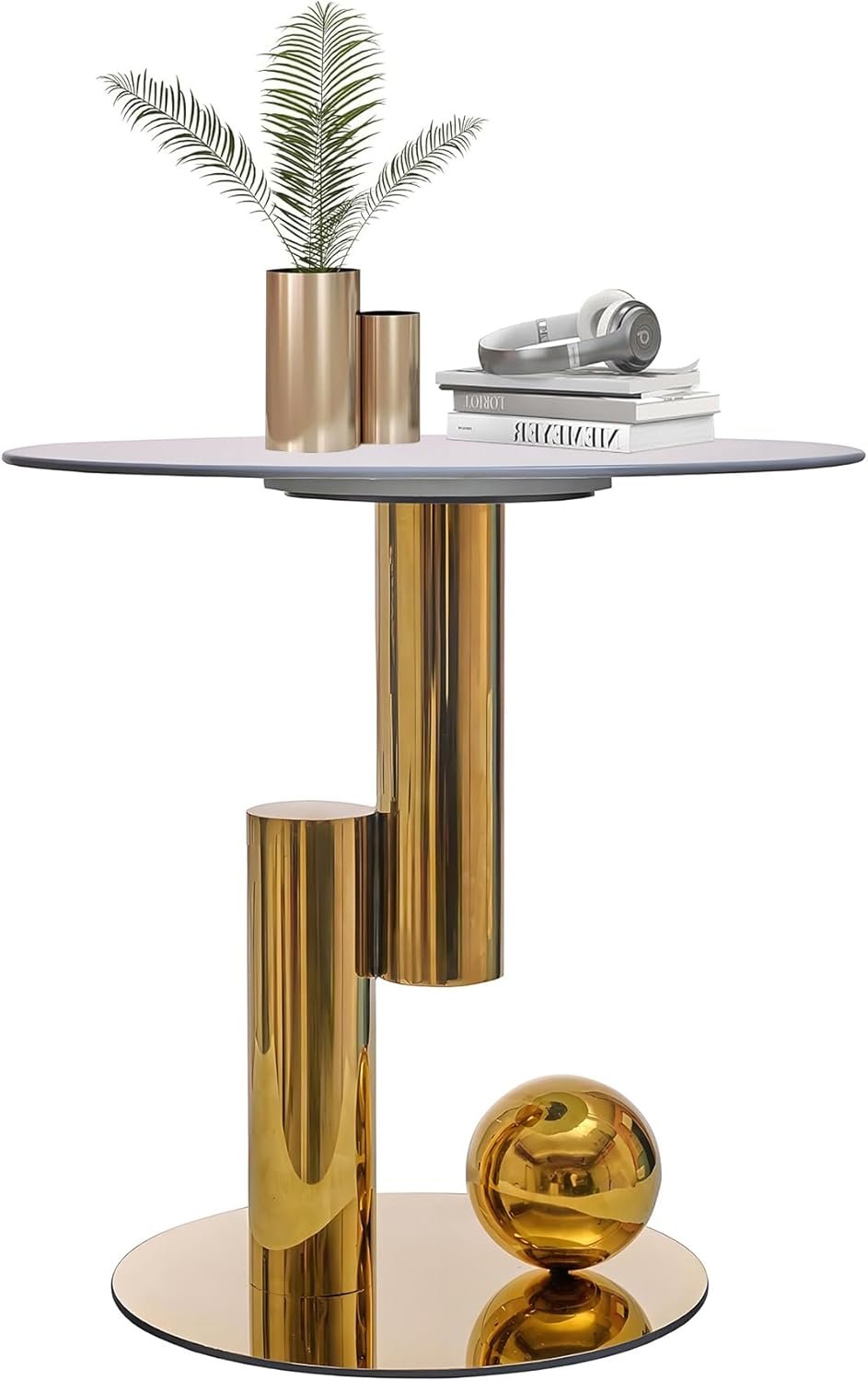 White Gold Round Side Table, 19.7″ Faux Marble Sofa End Table, Modern Nightstand, Small Accent Table with Stainless Steel Ball/Cylindrical Frame, for Living Bedroom Office (Gold, 50cm/19.7″)