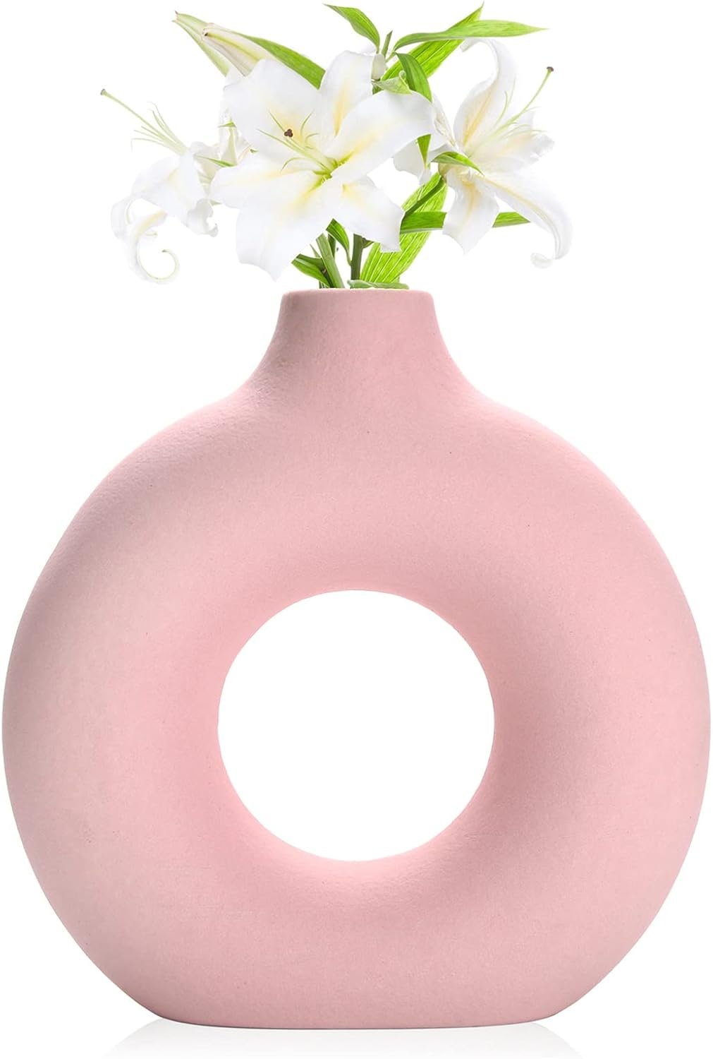 Joynisy Donut Vase|Circle Hollow Vase|Modern Matte Ceramic Vase for Entryway Living Room Bedroom Dining Table Centerpiece Office Home Decor (Pink-7.5″)