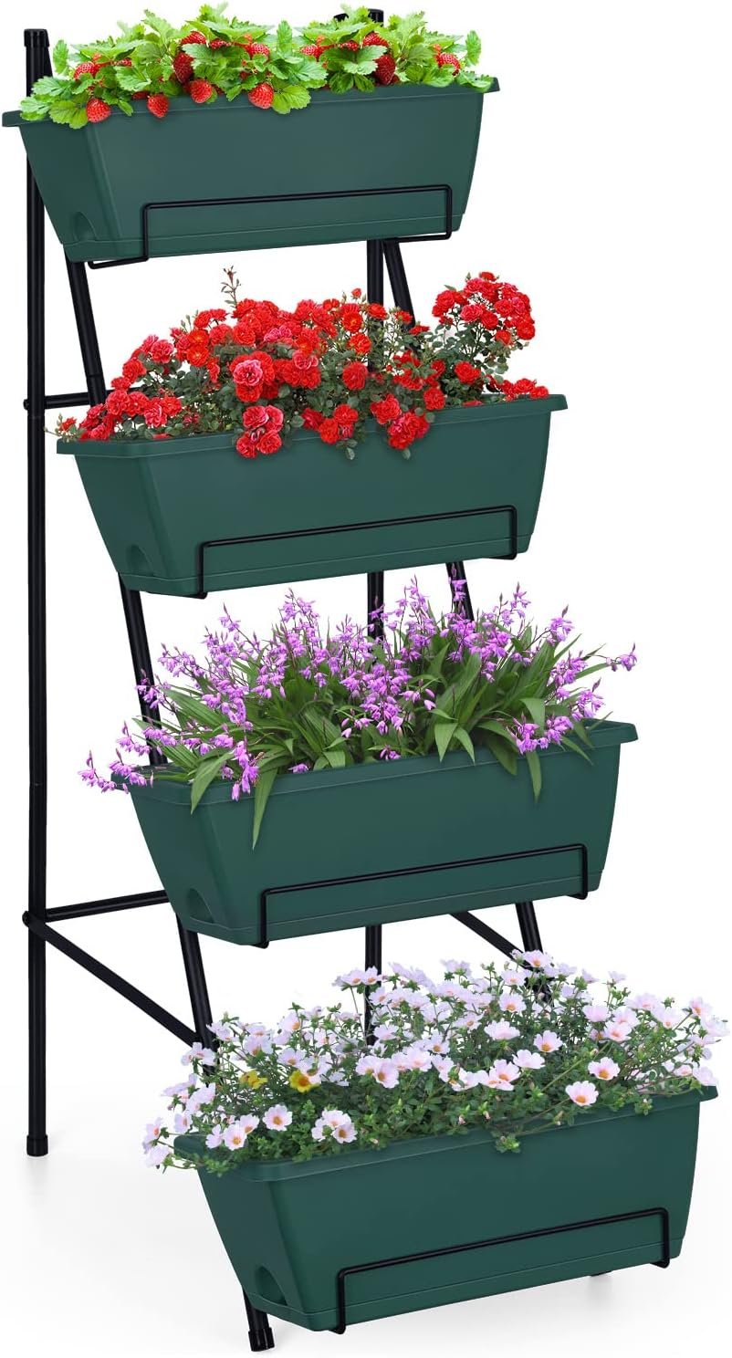 OYEAL Raised Garden Bed 4 Tier Vertical Garden Planters Indoor Outdoor Raised Planter Box with Legs Elevated Herb Garden Planter for Flowers Vegetables Plants, Green, 16.8 * 18.3 * 41.5 Inches