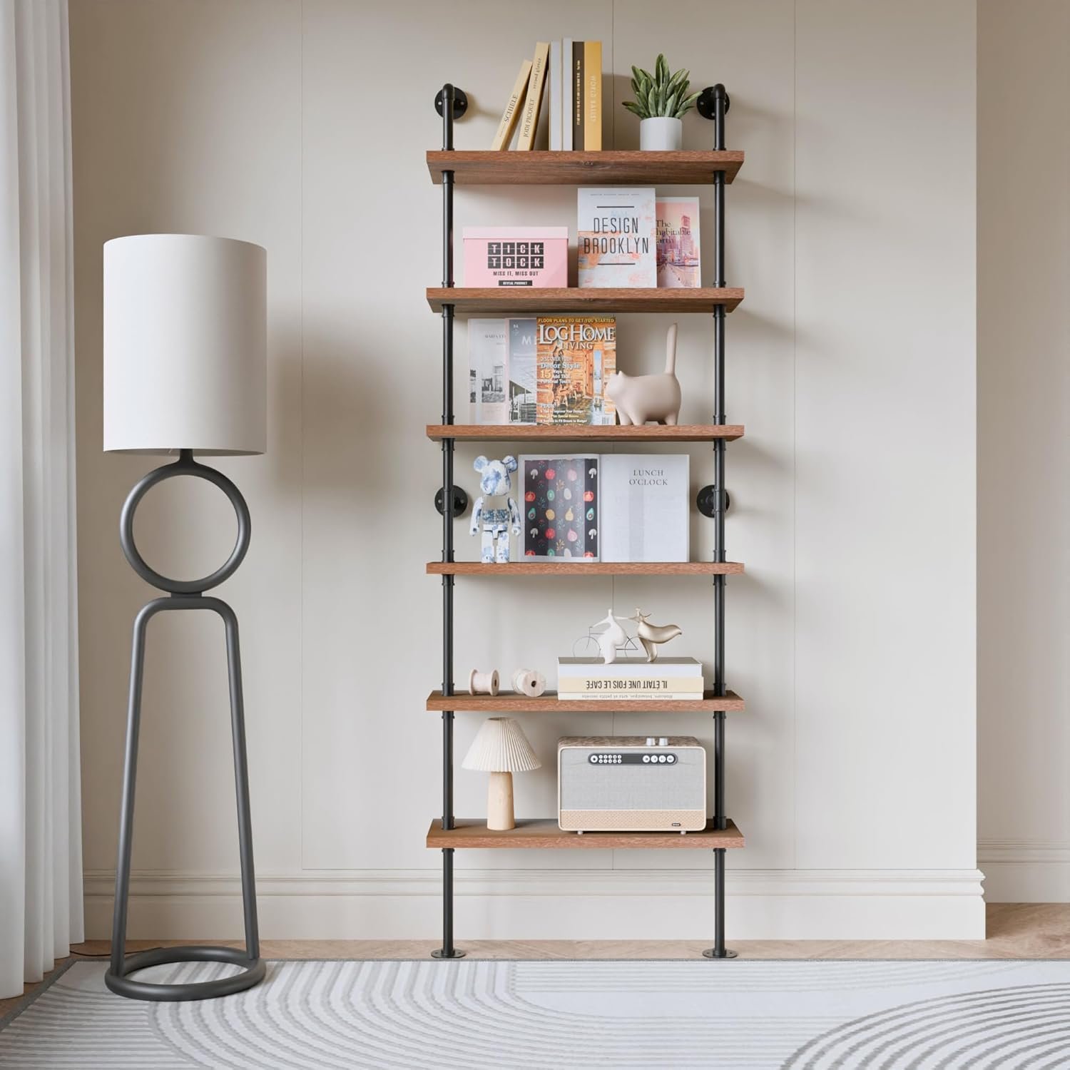 Pipe Industrial Shelves, Wall Mounted Wood Metal Ladder Rustic Bookshelf (Walnut Color, 6 Tier – 10″ D x 30″ W x 82.5″ H)