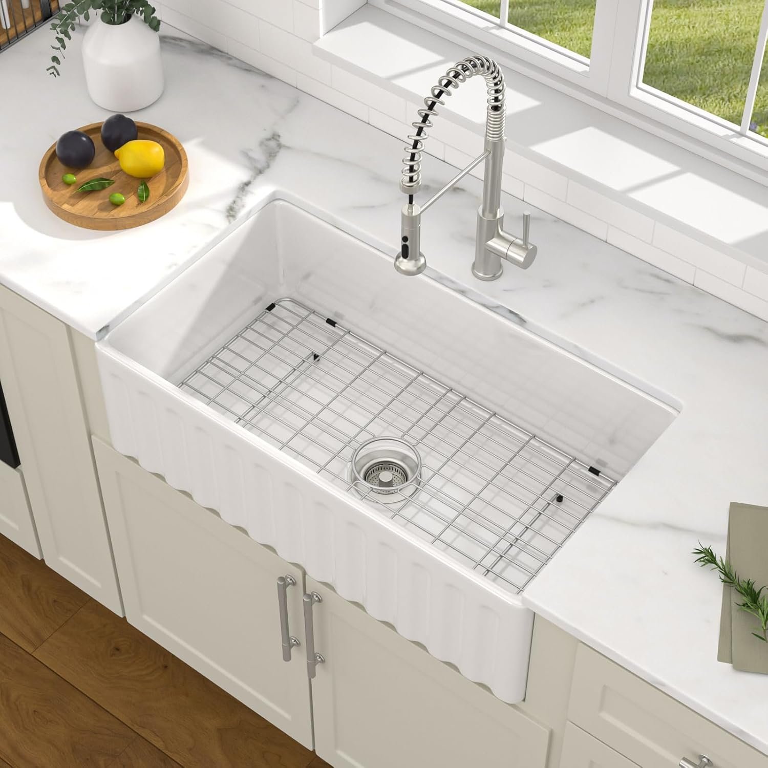 Dcolora 33×18 White Farmhouse Sink, Reversible Apron Front Kitchen Sink, Ceramic Fireclay, Double-Sided Front Design with Smooth & Fluted Pattern, Large Single Bowl #DC-NFS2540001