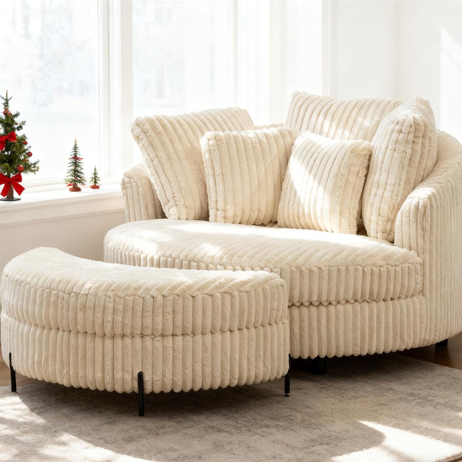 Chifee & Vingol 59.8″ W Oversized Accent Round Chair Large Barrel Chair with Ottoman & Movable Wheels & 5 Pillows, Faux Fur Fabric – Beige