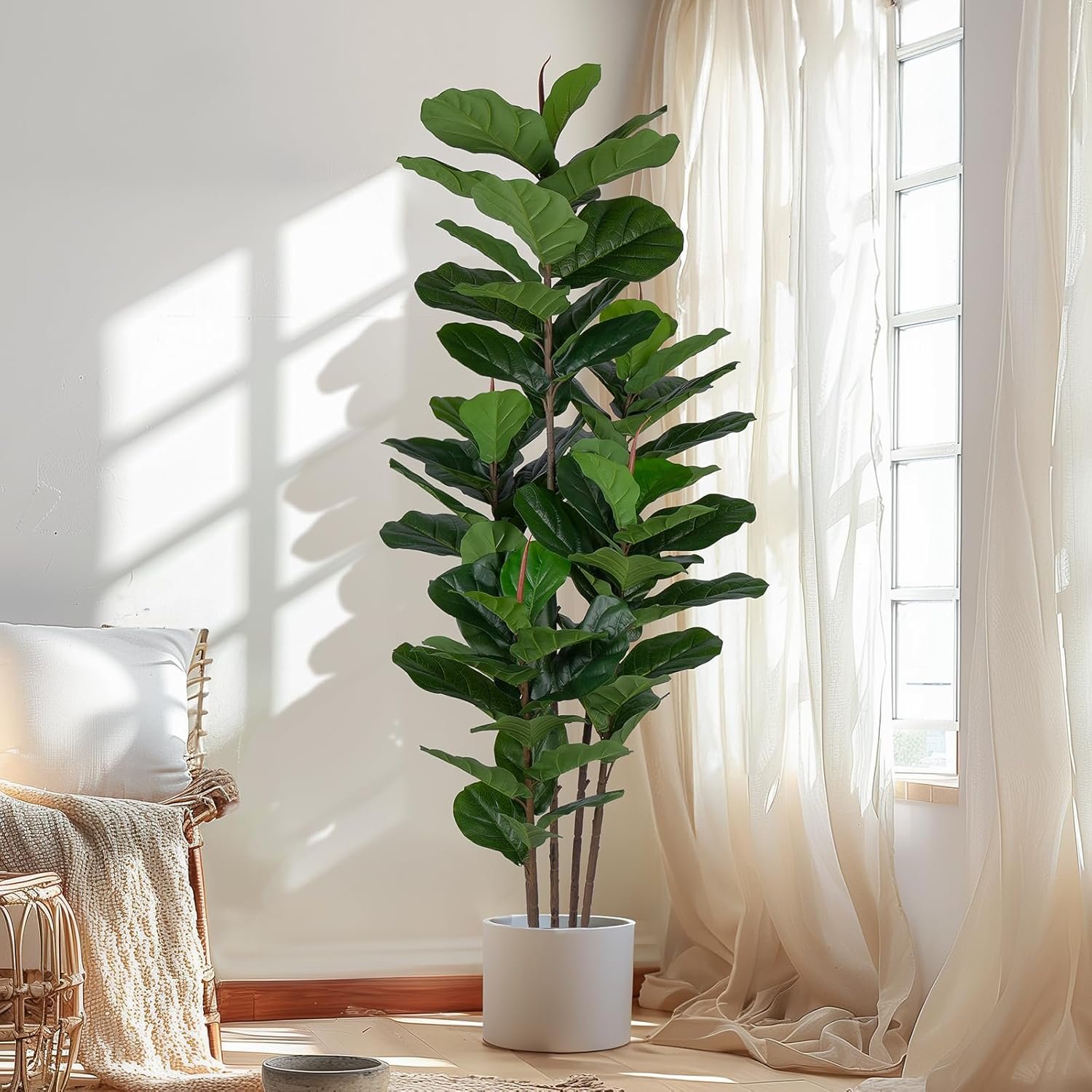 Faux Fiddle Leaf Fig Tree 6 FT – Artificial Ficus Tree with Tall Artificial Plants Large 69 Fiddle Leaves – Lifelike Fake Trees for Home Decor Living Room Indoor Outdoor