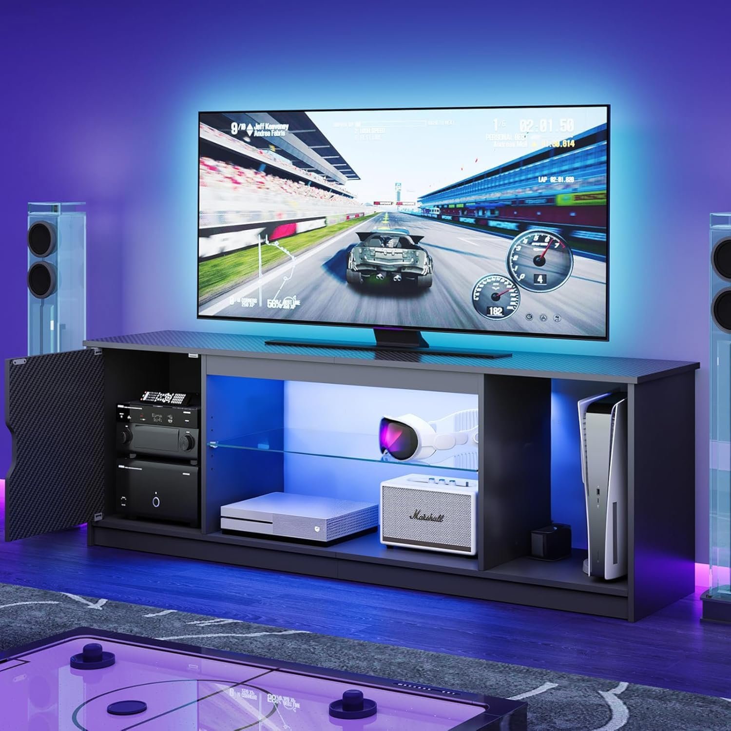 Bestier 57″ LED TV Stand for 55/60/65 Inch TVs – Gaming Entertainment Center with RGB Lights, Adjustable Glass Shelves & Cabinet for PS5/Xbox, Modern Black TV Console for Living Room