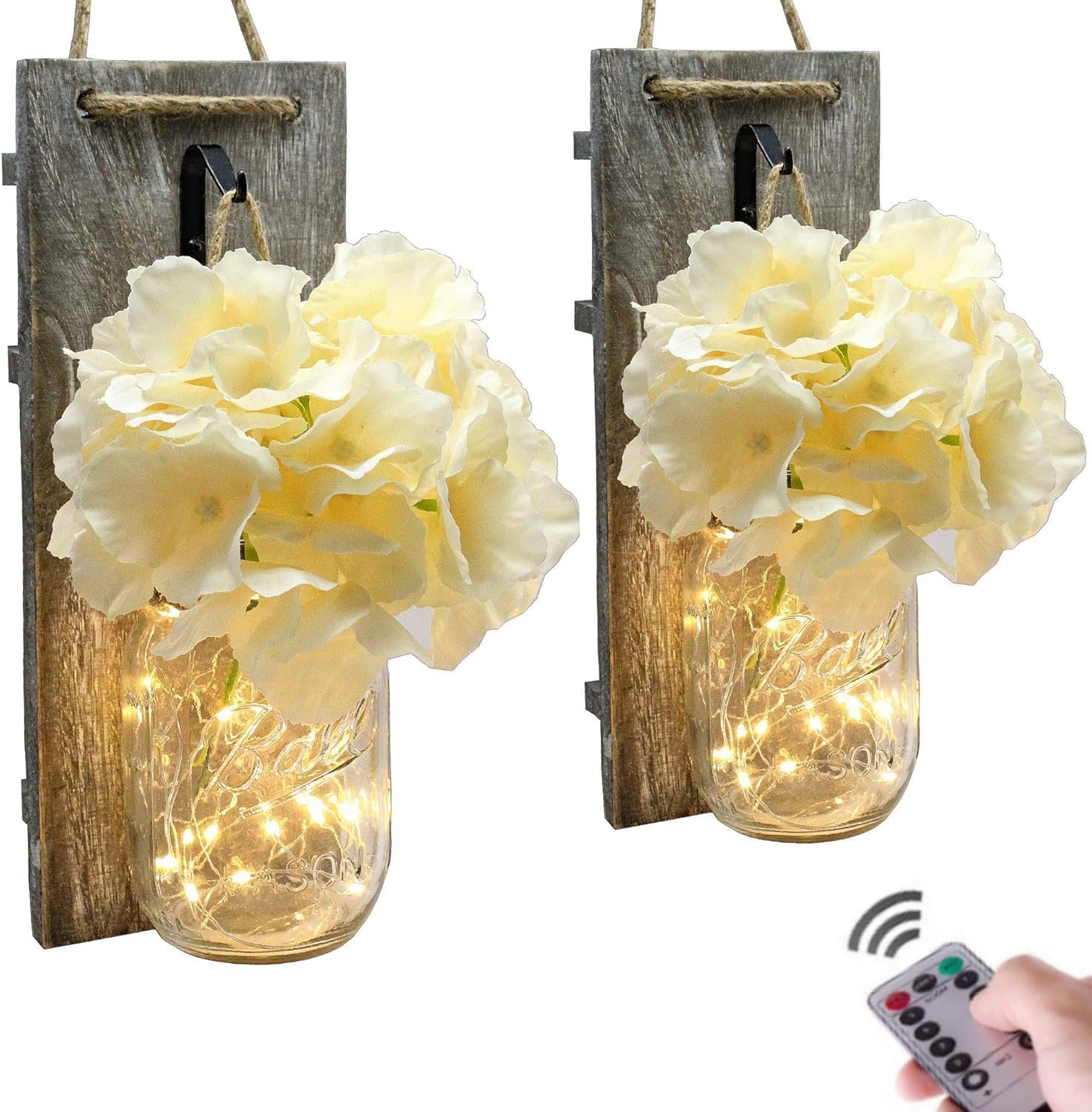 Set of 2 – Rustic Wall Sconces – Mason Jars Sconce with Remote Control, Flowers, LED Fairy Lights for Home Wall Door Decoration Gift (Grey)