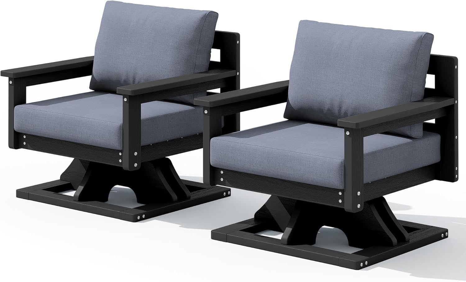 SERWALL Outdoor Swivel Chairs Set of 2, HDPE All-Weather Patio Swivel Sofas with Thick Cushions for Porch, Balcony, Black Frame with Gray Cushions