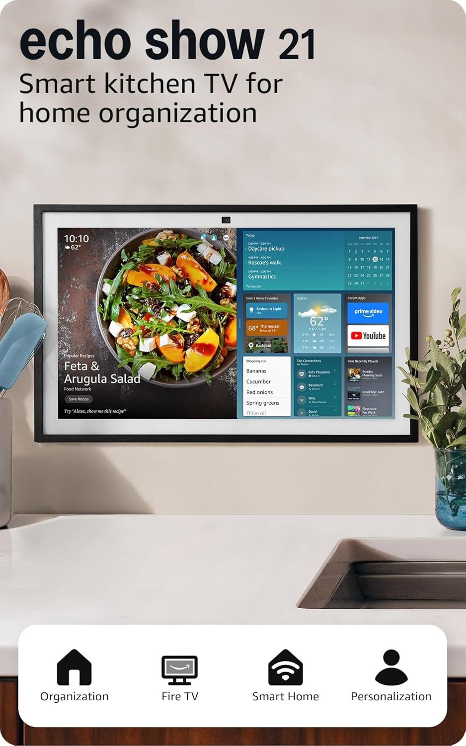 Like-New Amazon Echo Show 21 (newest model), Full HD 21″ kitchen hub for home organization, with built-in Fire TV and Alexa