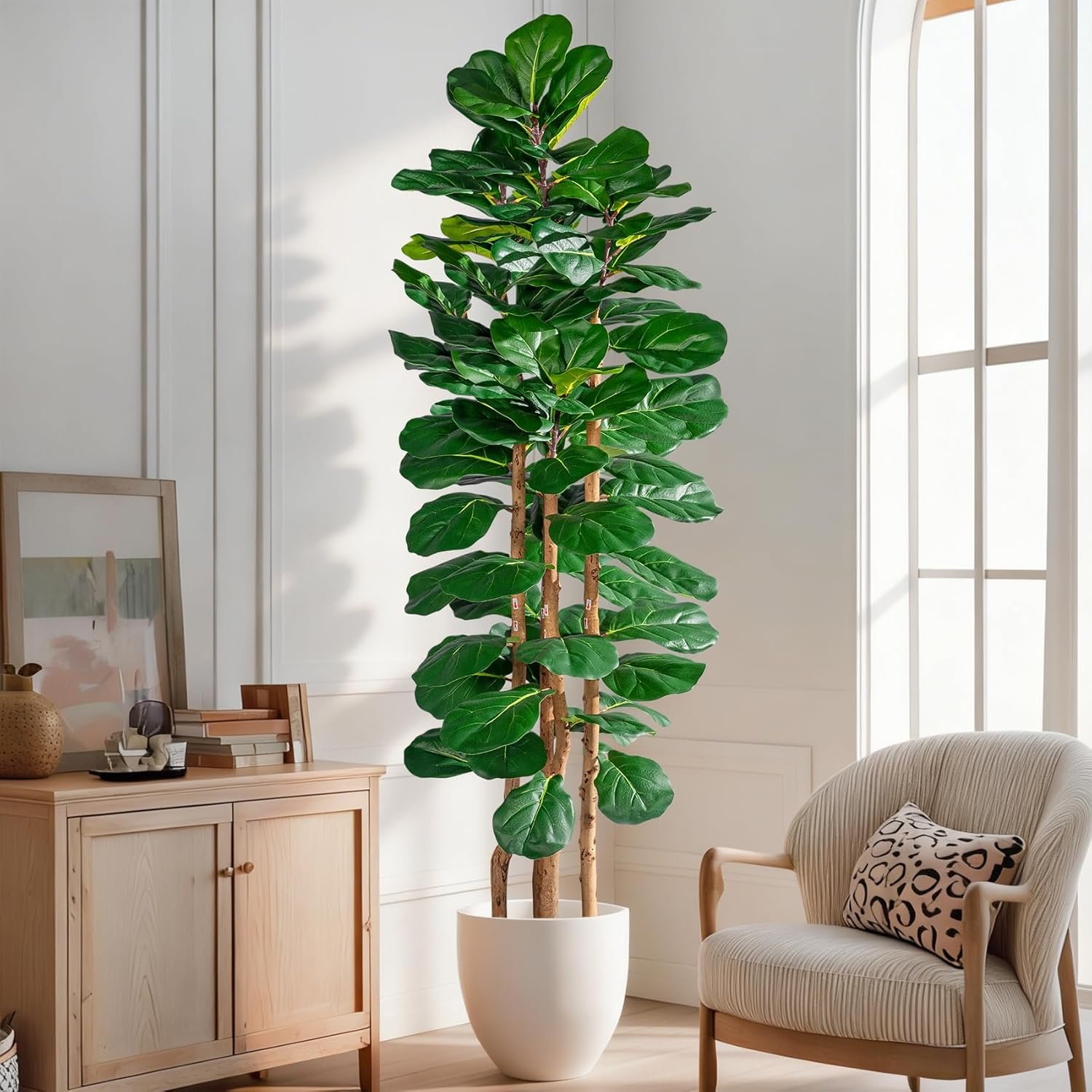 Artificial Fiddle Leaf Fig Tree 6FT, Faux Fig Tree Indoor with Natural Wood Trunk & Realistic Leaves with Moss Pot Fake Ficus Tree Large Faux Floor Plant for Living Room Home Decor, House Plant