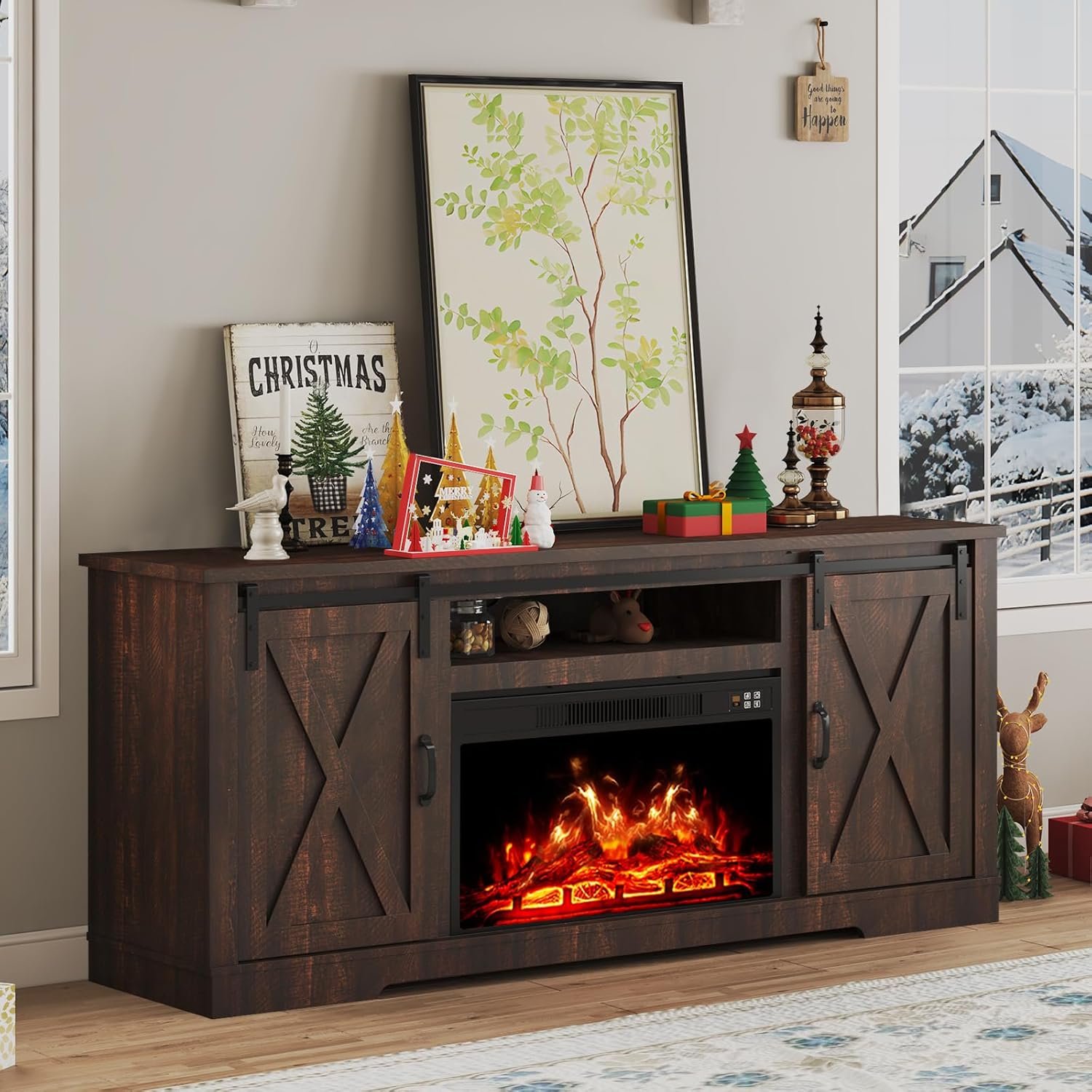 AMERLIFE Fireplace TV Stand with Sliding Barn Door for TVs up to 73″, Farmhouse 63″ Fireplace Entertainment Center with Storage Cabinets/Adjustable Shelves, Reclaimed Barnwood
