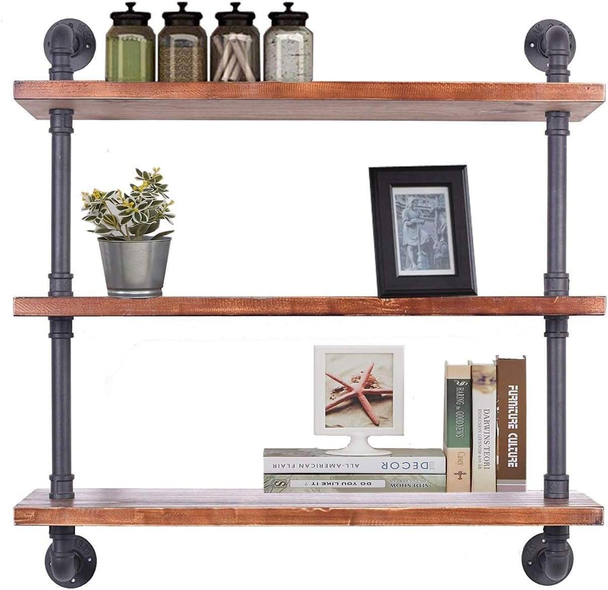 Diwhy Industrial Pipe Shelving Bookshelf Rustic Modern Wood Ladder Storage Shelf 3 Tiers Retro Wall Mount Pipe Design DIY Shelving (Black, L 36″)