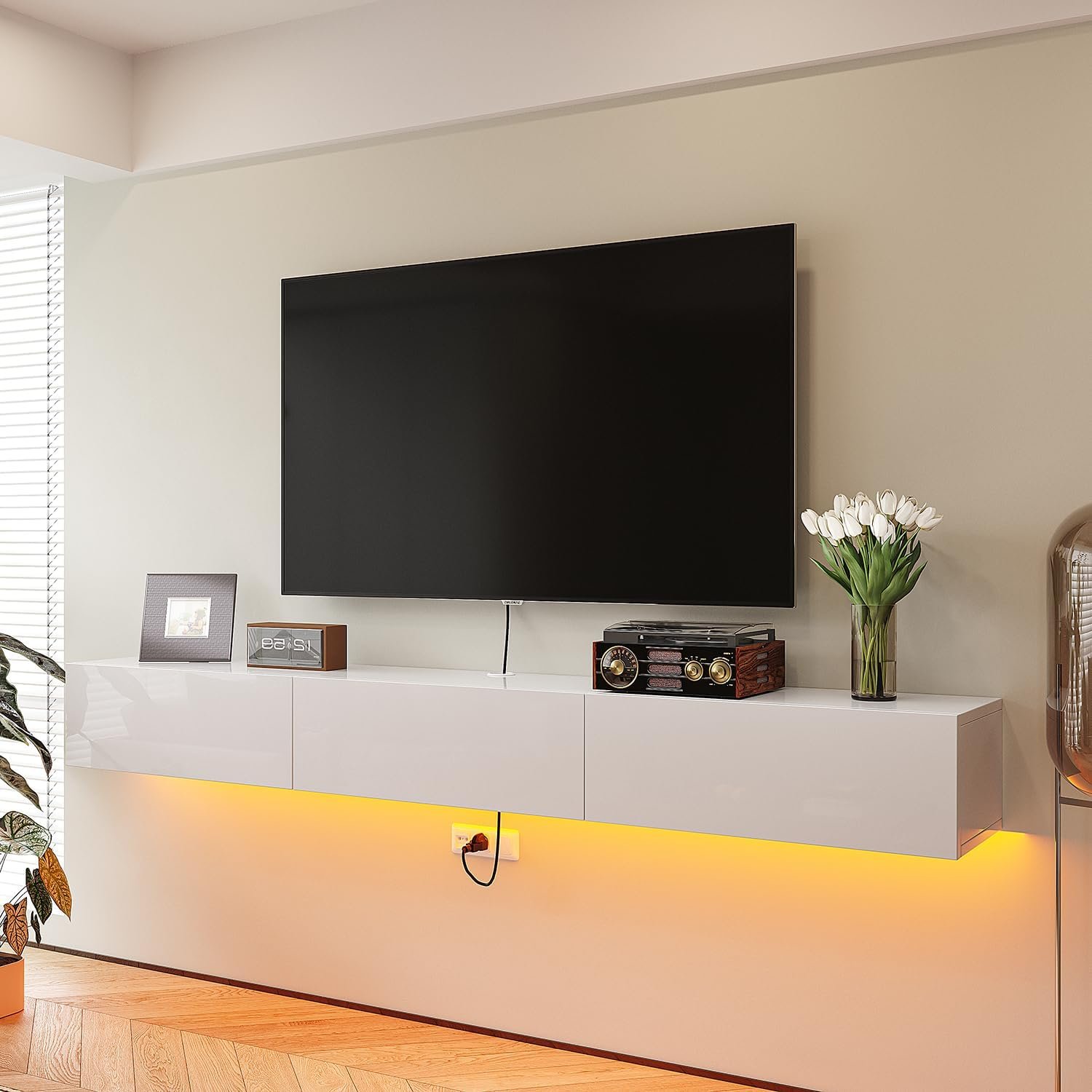FurniNova 47” Floating TV Stand with 3 Doors,Modern Floating TV Console Cabinet with Storage,Plywood Floating TV Shelf, Wall Mount TV Stand with Cable Holes for up to 50” TVs, White