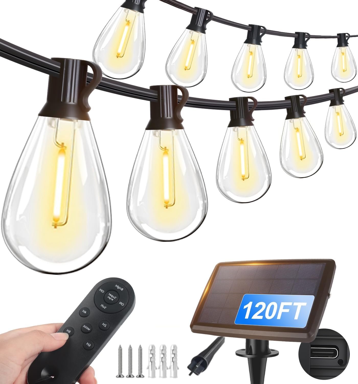 Tenmiro 120FT Solar Outdoor String Lights with Remote and 32+2 LED Shatterproof Bulbs Dimmable & Timing 3 Light Modes Solar Patio String Lights for Cafe, Garden, Deck, Outside Wedding Last for 10+Hrs
