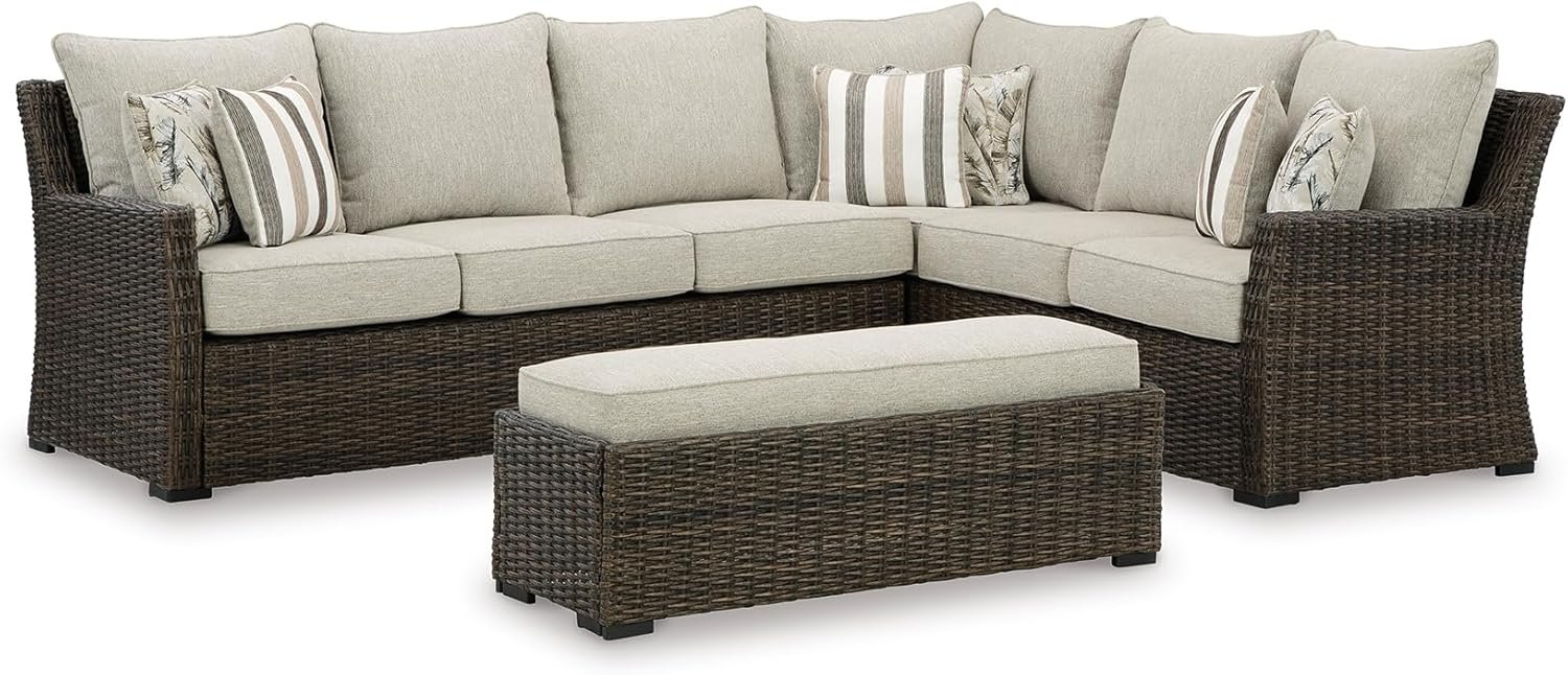 Signature Design by Ashley Brook Ranch Casual Nuvella Weather Resistant Fabric Right Hand Facing Outdoor Sofa Sectional/Bench with Cushion and 6 Throw Pillows, Set of 3, Beige & Dark Brown