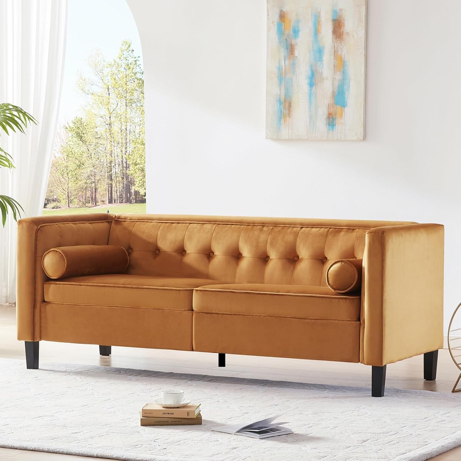WILLOVE 78″ Mid-Century Modern Velvet Sofa, 3 Seater Couch with Comfy Deep Seats, Futon Loveseat Couch for Living Room Furniture with Two Throw Pillows, Easy to Install (Ginger)