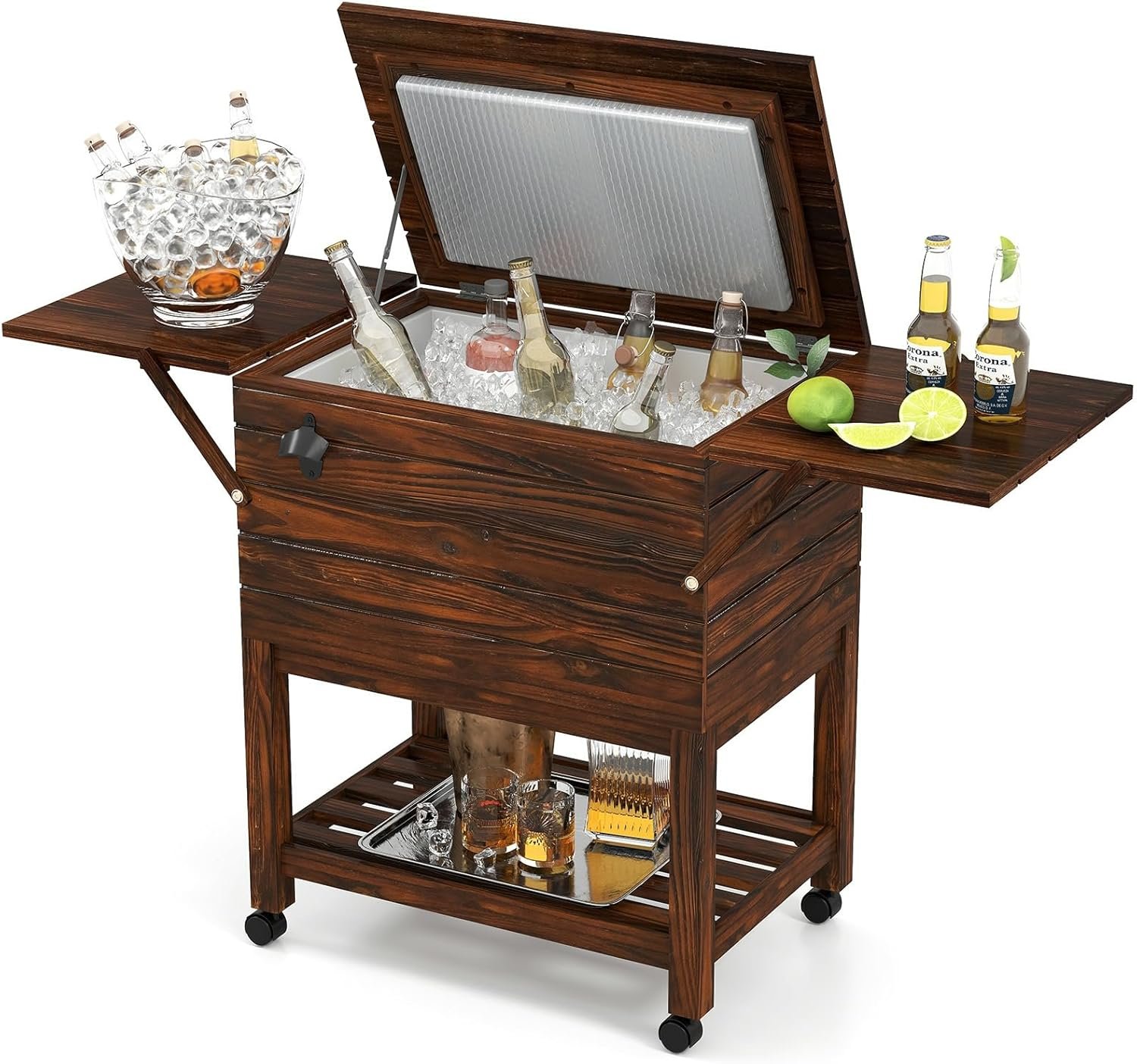 Moccha 54-Quart Rolling Cooler Cart – Wooden Rolling Ice Chest Cooler Cart w/ 2 Drop Leaf Tables, Bottle Opener, Pine Wood Outdoor Beverage Cooler, Patio Cooler on Wheels for Parties Yard Pool Deck