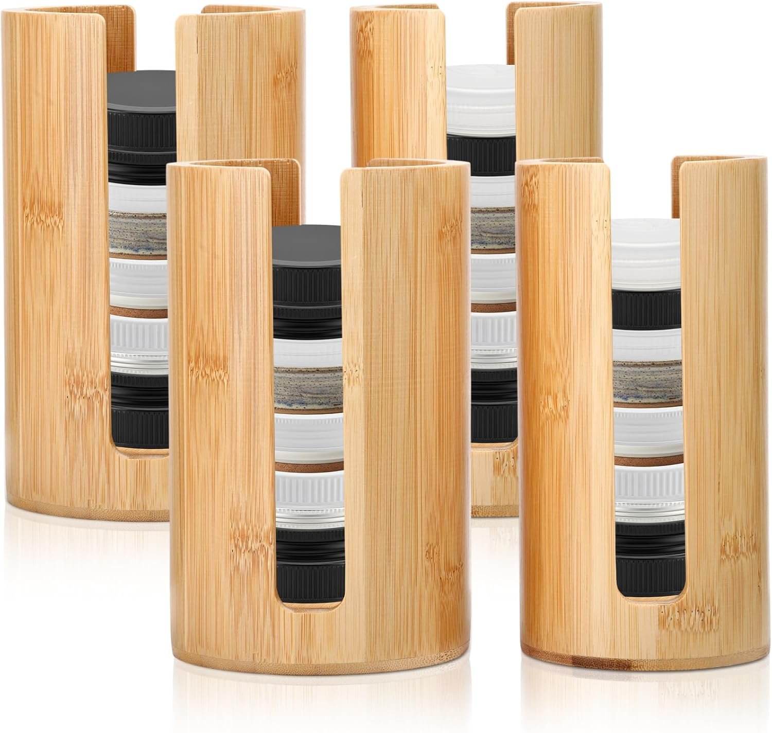 LemonRoad 4 Pack Mason Jar Lid Organizer Vertical Bamboo Storage Holder Fits Wide Mouth and Regular Mouth Mason Jar Accessories for Canning Lid Kitchen Rack Cabinet Organization(Double Sided Open)