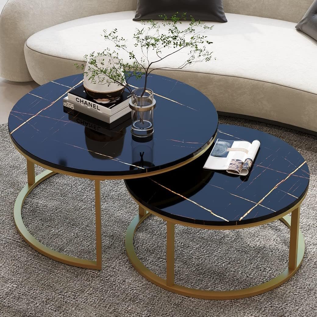 WiberWi Round Coffee Table Nesting Tables Set of 2, Large : Ø 34.0″, Small : Ø 26.0″, Modern Design Coffee Tables for Living Room, Gold Metal Frame Circle Cocktail Table, High Glossy Faux Black Marble