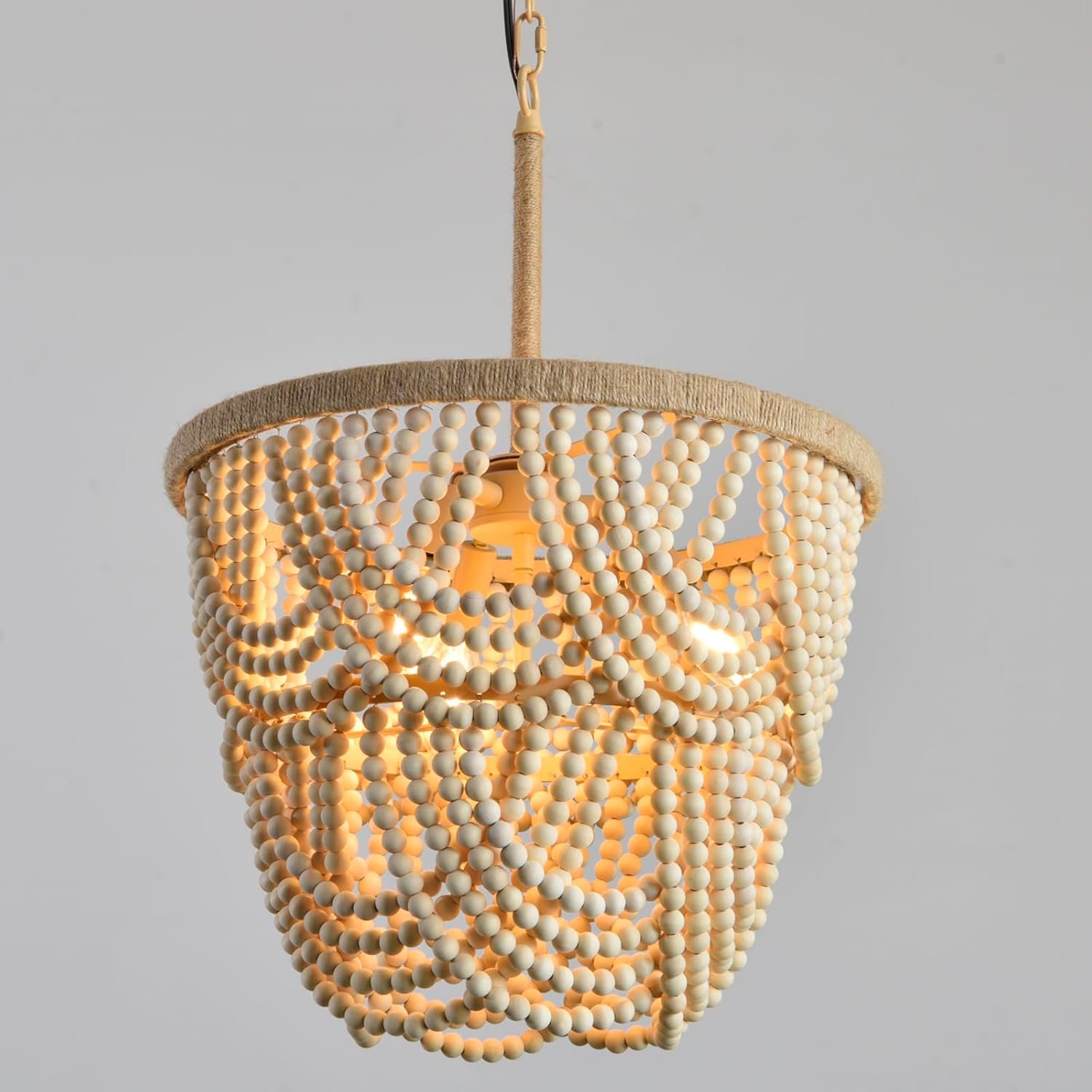 Wood Beaded Chandelier 3-Lights Rustic Antique Coastal Boho Pendant Light Fixtures for Nursery Baby’s Bedroom Dining Room Living Room Kicthen Entryway