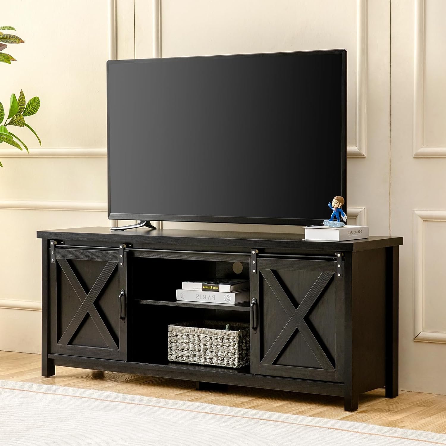 GAZHOME Farmhouse TV Stand with Sliding Barn Doors, Media Entertainment Center Console Table for TVs up to 65”,Rustic TV Stand for Living Room Bedroom(Black)