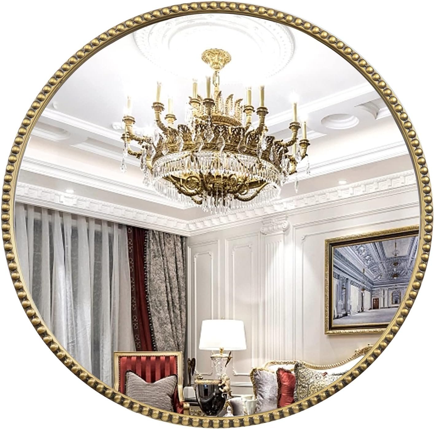 Round Bathroom Wall Mirror, 28″x28″ Antique Gold Metal Beaded Frame Vanity Mirror, Wall Mounted Large Circle Makeup Mirror for Bedroom, Living Room, Entryway
