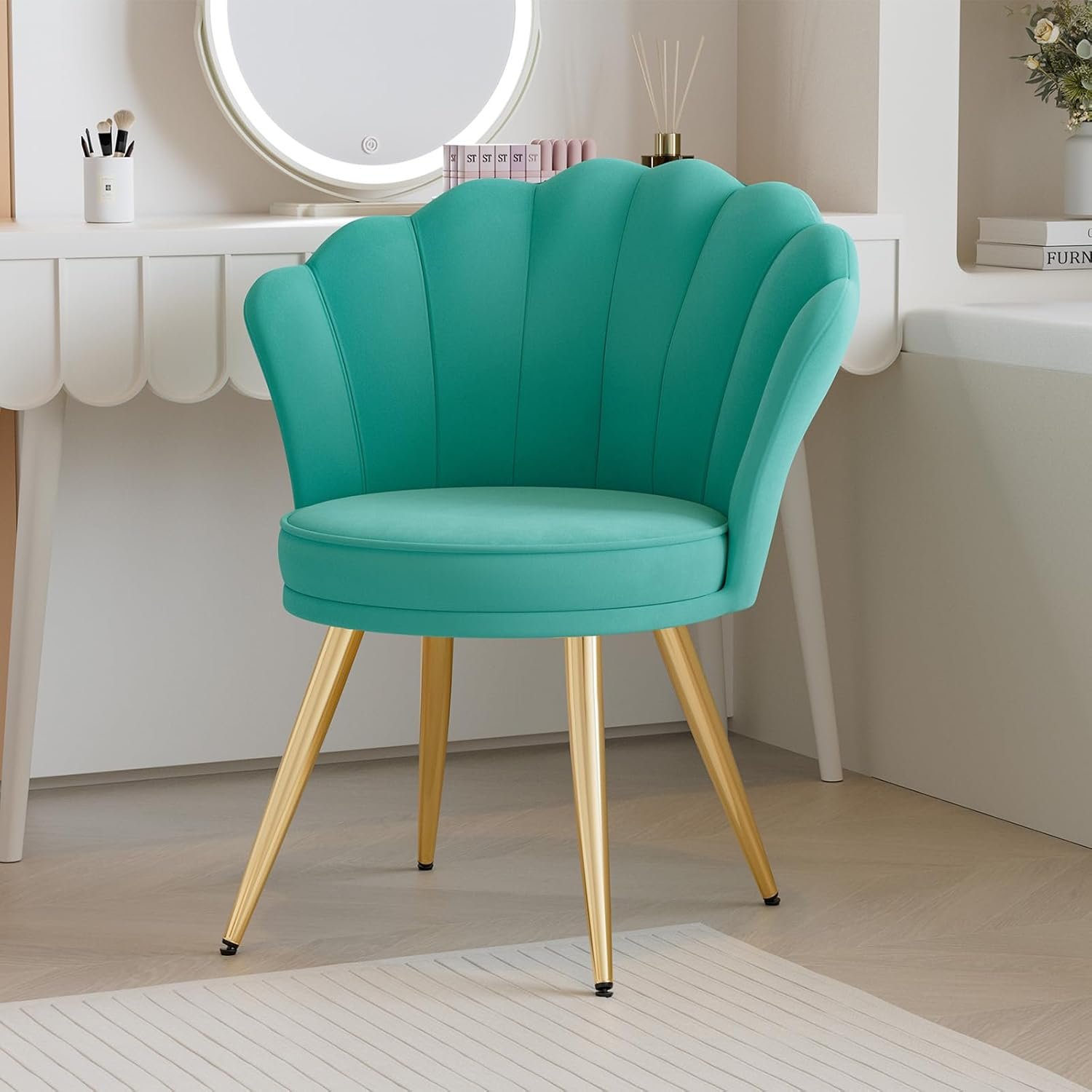 Velvet Accent Chair with Gold Metal Legs, Vanity Chair for Makeup Room, Upholstered Guest Chair for Living Room, Side-Chair for Bedroom, Cyan