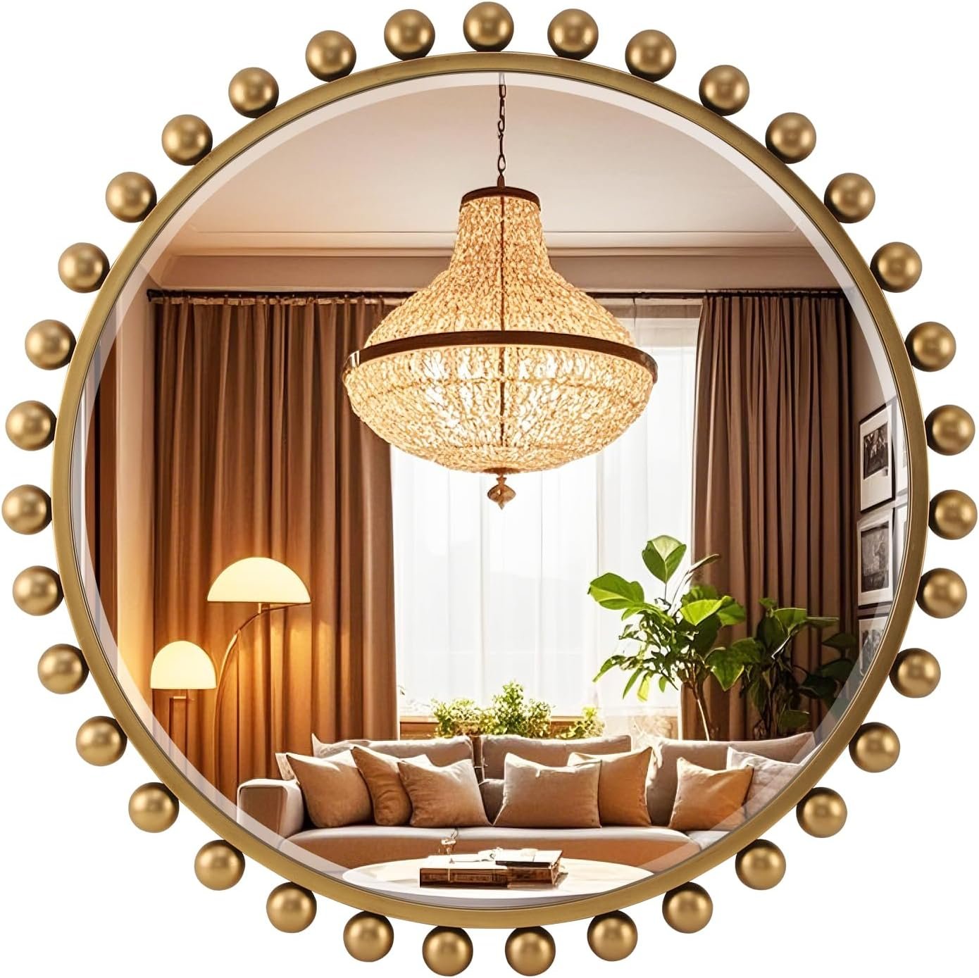 CAVINHOME 30 Inch Round Wall Mirror with Antique Gold Ball Frame, Beveled Decorative Round Accent Mirror, Vintage Gold Sunburst Style Mirror for Bedroom, Living Room, Entryway, Hallway & Wall Decor