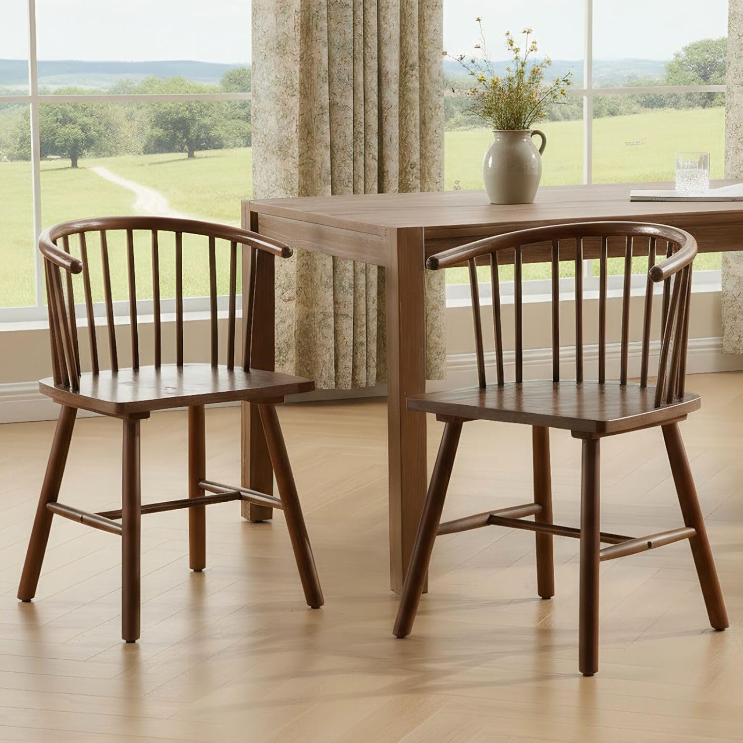 Wood Windsor Dining Chairs Set of 2 Walnut Dining Room Chairs Farmhouse Spindle Back Side Chairs for Kitchen Restaurants