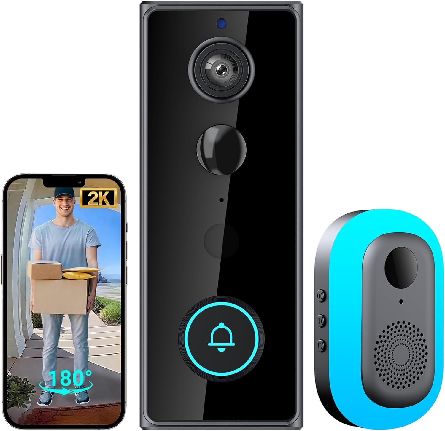 TTJ Video Doorbell Camera 2K with Chime, No Monthly Fee, Head-to-Toe View, 180° Large Field of View,Night Vision，AI Motion Detection, 4000mAh Battery Powered, 2.4GHz WiFi Only, IP65 Weatherproof