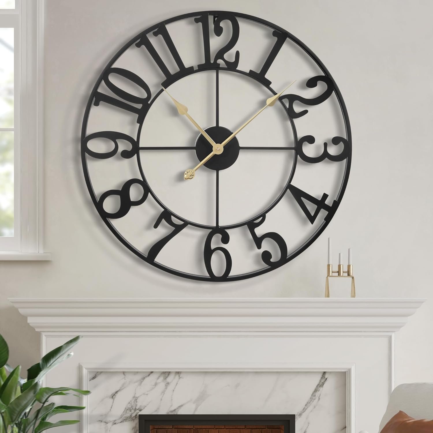 LEIKE Large Wall Clock, 16″ Silent Non-Ticking, Battery Operated, Oversized, Decorative Retro Black Metal Clock for Living Room,Farmhouse, Dinner Room,Indoor, Outdoor Decor(40cm, Black Arabic Number)