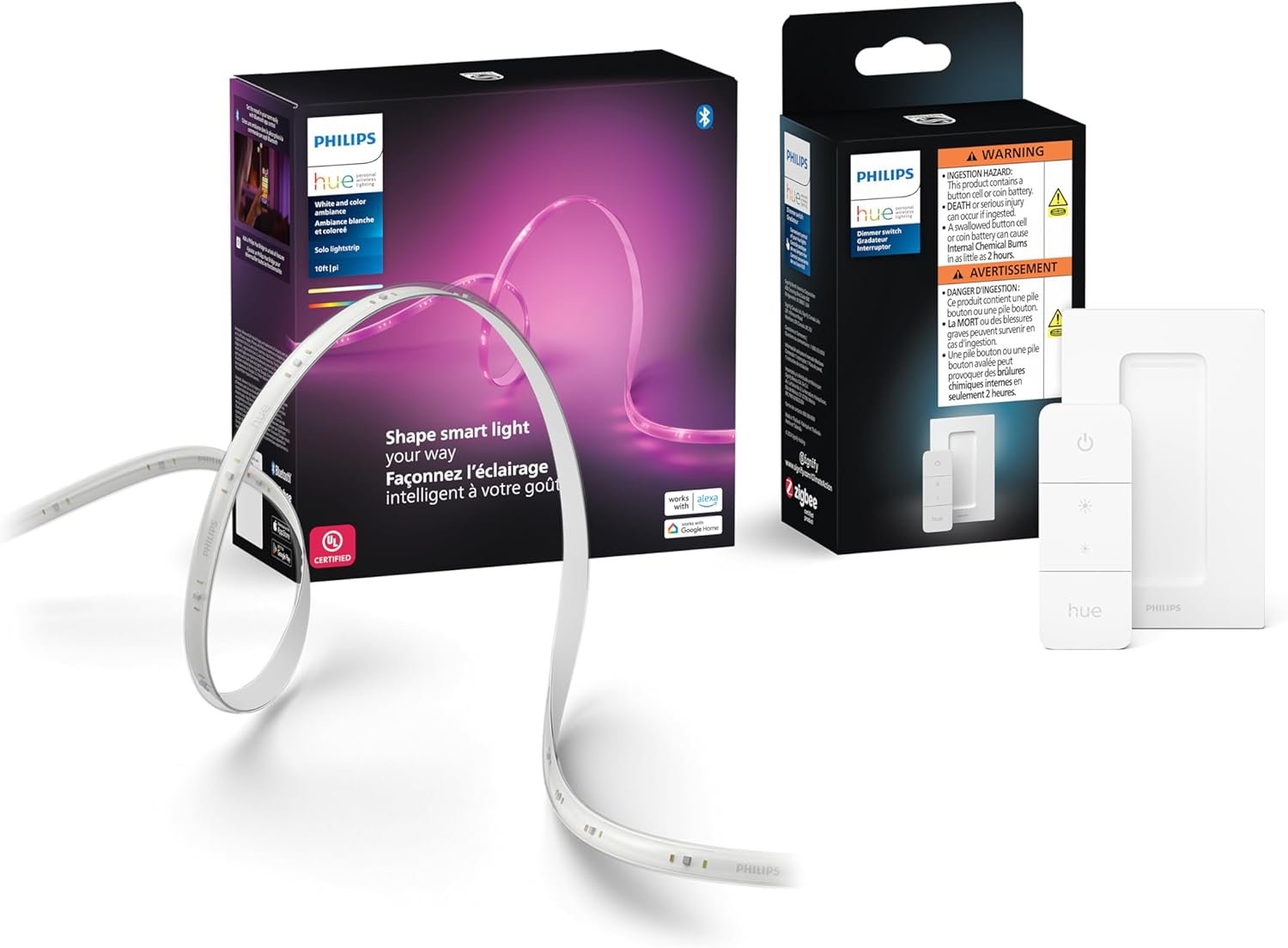 Philips Hue Indoor 10 Ft Smart LED Solo Lightstrip Base Kit with Smart Dimmer Switch – Control with Hue App, Alexa, Google Assistant, Apple HomeKit