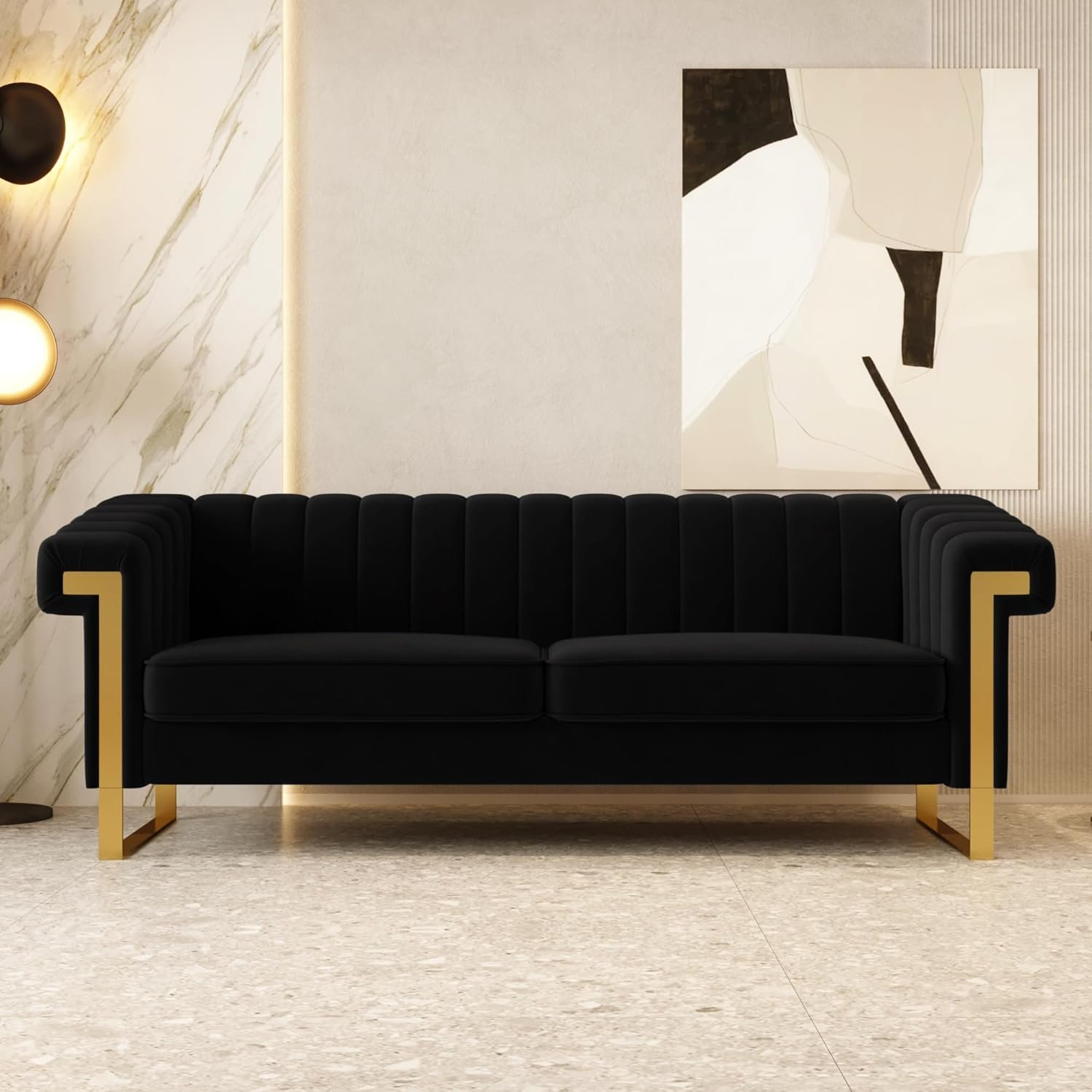 Mid-Century Modern Black Velvet Sofa with Gold Metal Legs, 83.86″ Luxury Chesterfield Comfy Couches for Living Room (Velvet, Black)