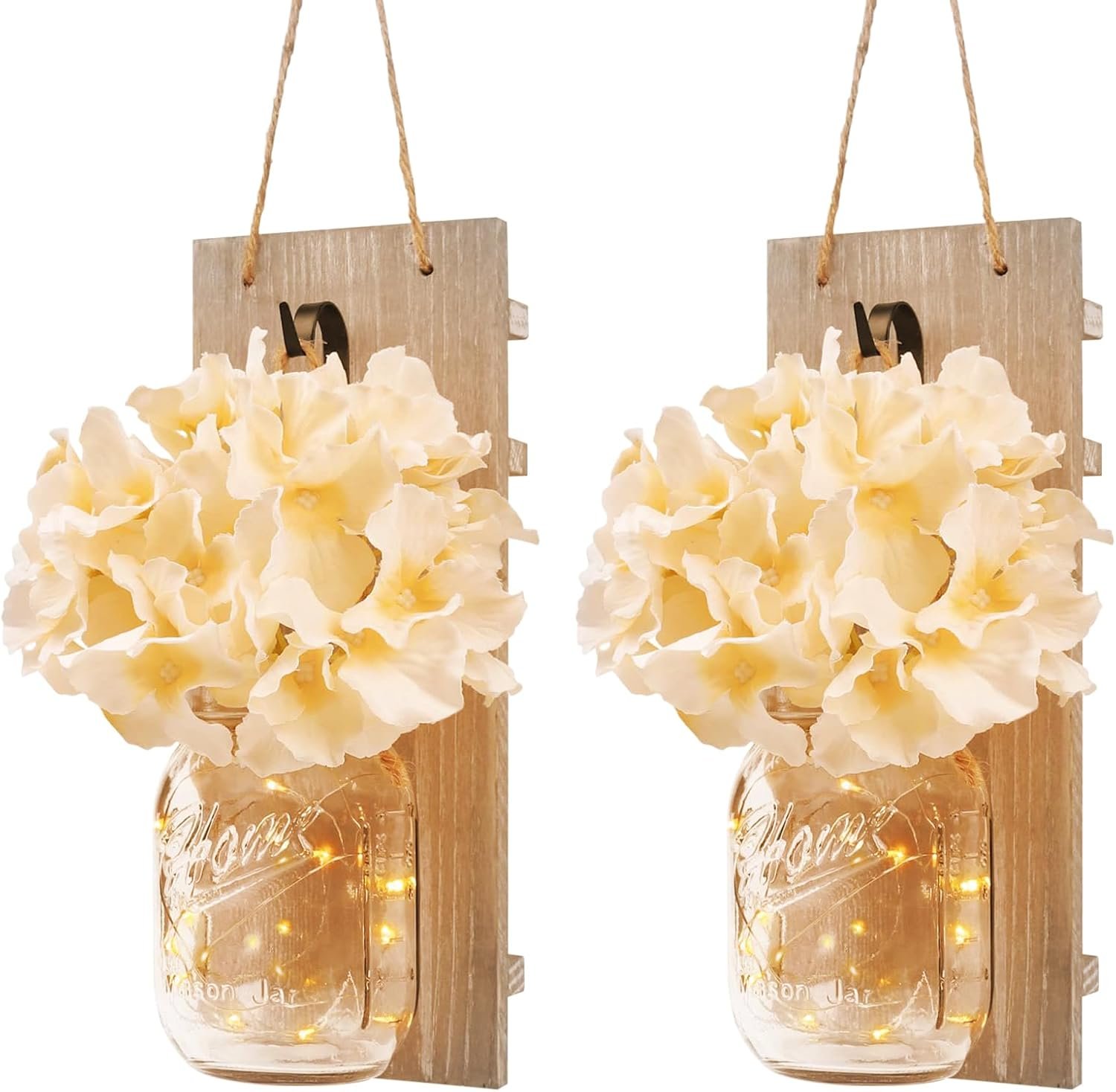 alitade Wall Sconce Decor 2pcs, Mason Jar Wall Sconce Farmhouse Home Decor with 9.8FT LED Fairy Lights Flowers, Modern Art Living Room Bedroom Bathroom Decorative Hanging Yellow