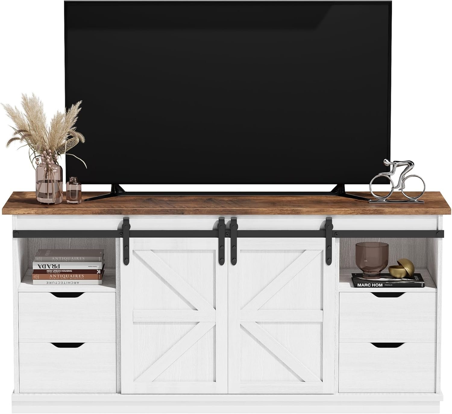 JUMMICO TV Stand with 4 Drawers for 65 Inch TV, Farmhouse Entertainment Center with Storage and Sliding Barn Doors, Rustic Media TV Console Cabinet with Shelves for Living Room Bedroom (Bright White)