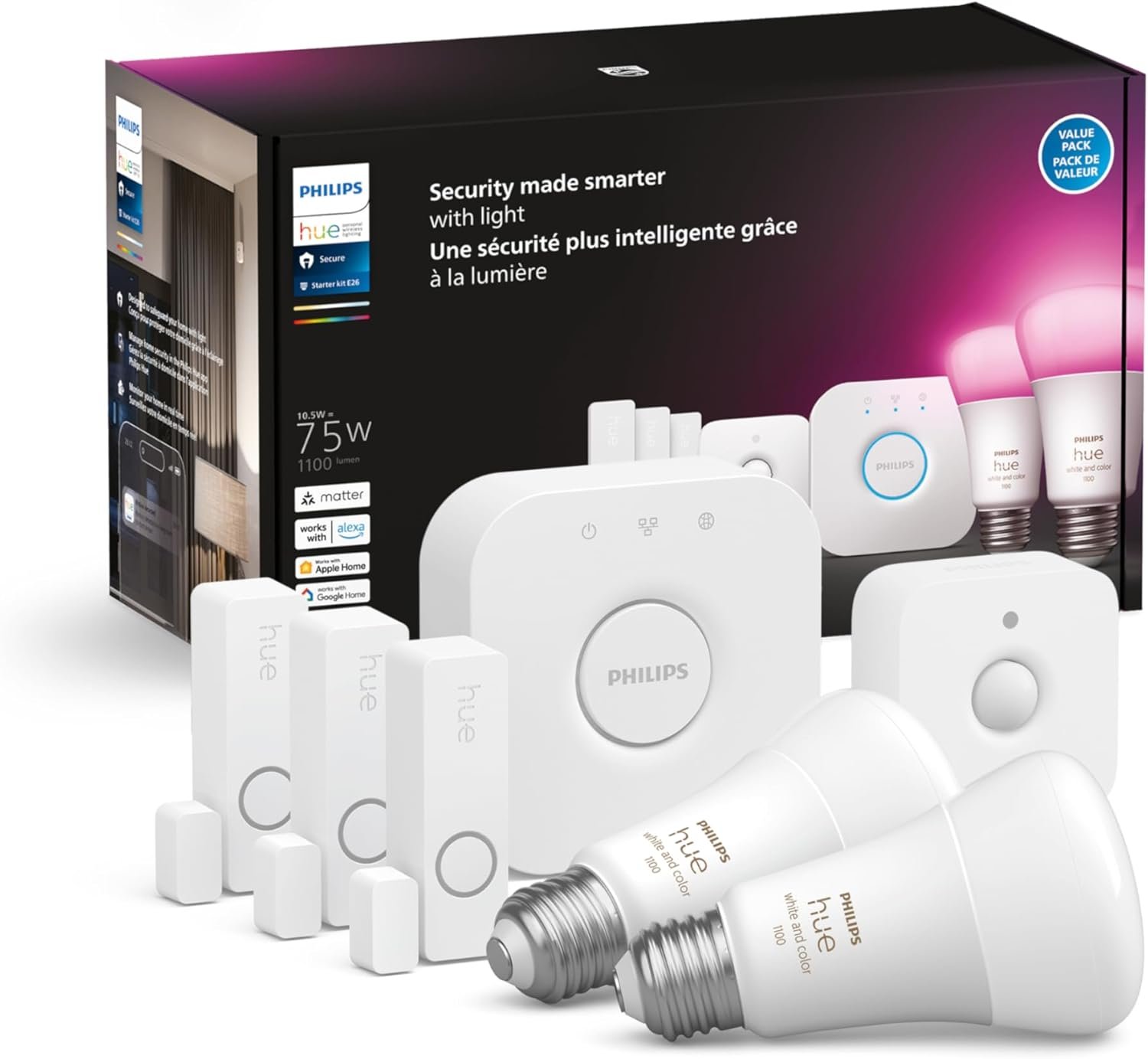 Philips Hue Secure Starter Kit – 3 Secure Contact Sensors (White), Indoor Motion Sensor, Bridge, 2 White & Color Ambiance Smart Bulbs, Easy to Install, Works with Hue App