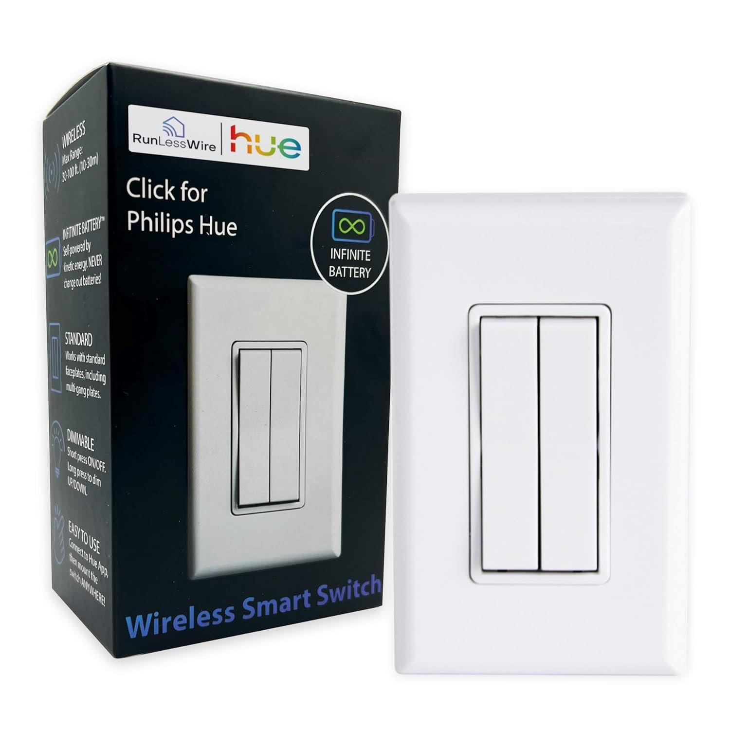 RunLessWire Click for Philips Hue – Battery-Free Wireless Smart Light Switch, 30ft Range – Works Natively with Philips Hue Bridge – Wall Mount Kinetic Switch – Decora Style, White
