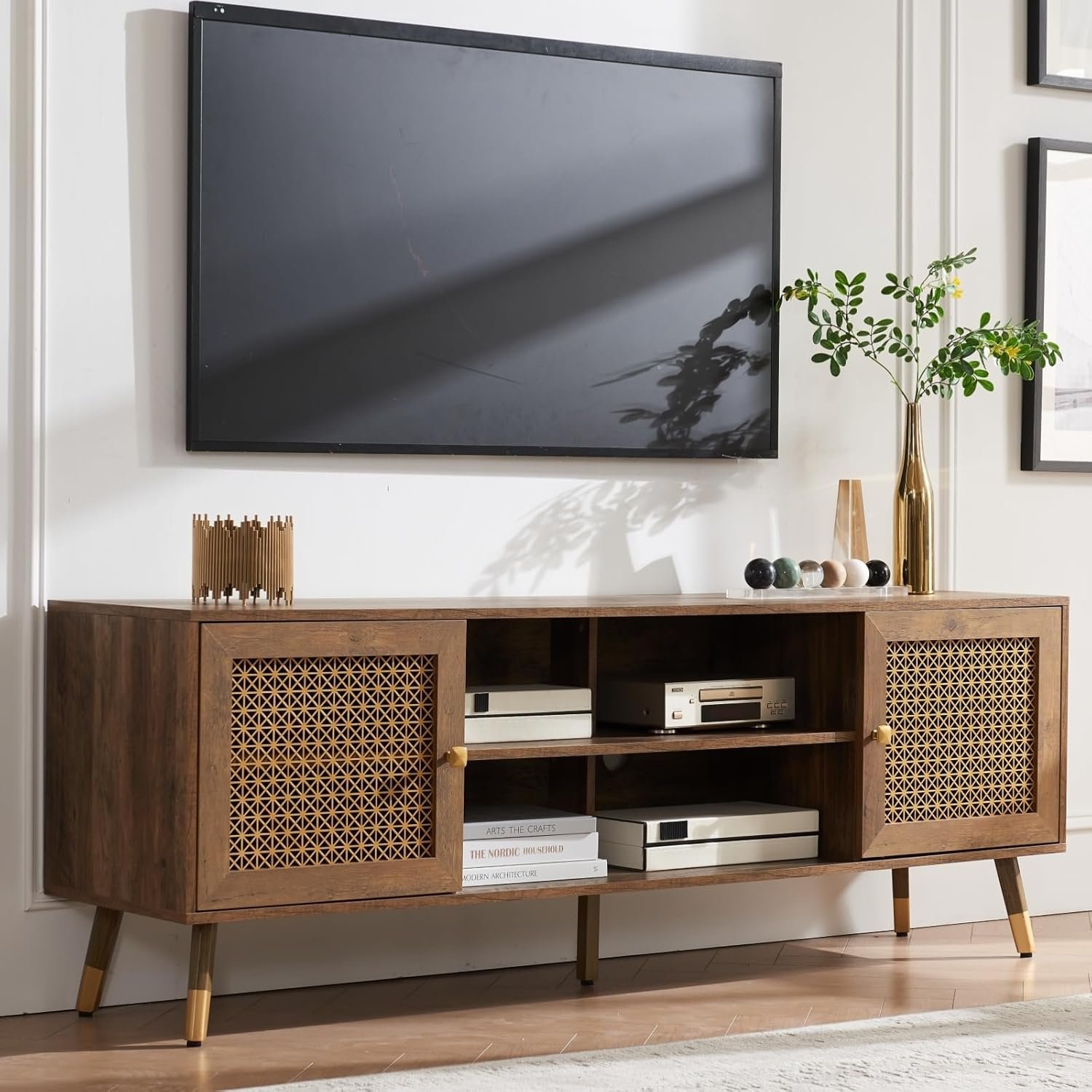 66 Inch TV Stand for 70 Inch TVs, Mid Century Modern Media Console, Long Entertainment Center with Storage Cabinet, Oak Wood Grain Finish for Rustic & Farmhoue Living Room Decor