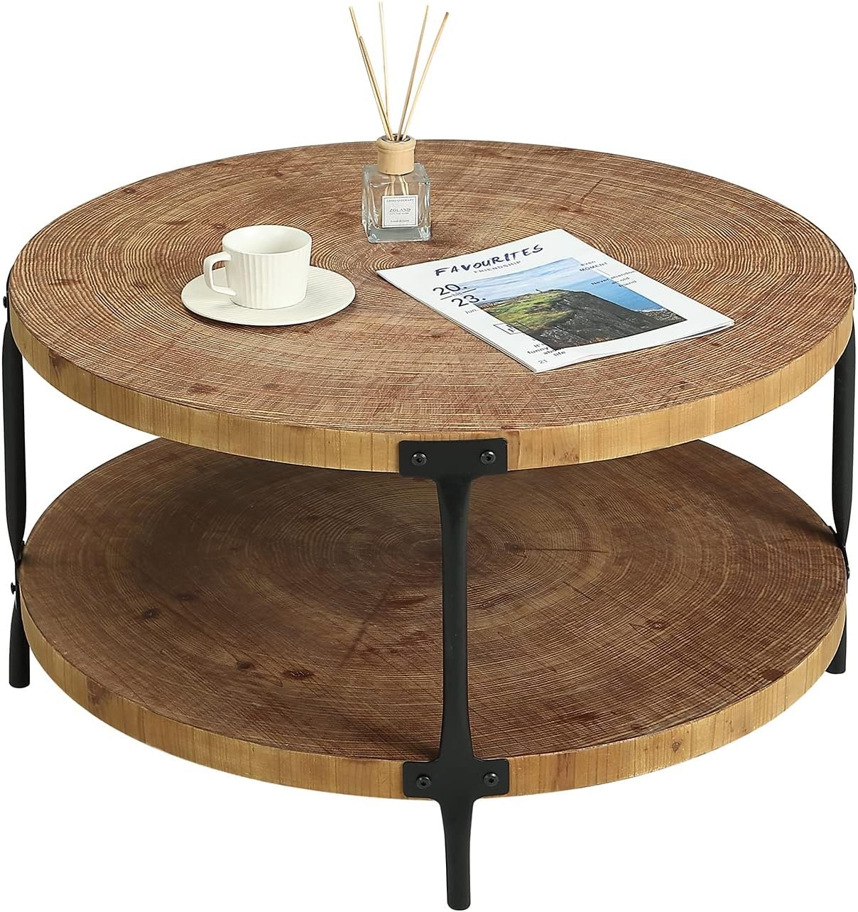 Round Boho Wood Coffee Table – 29.1″ Farmhouse Natural Circle Wooden 2-Tier Coffee Tables Living Room Furniture, 29.1″ D x 18.3″ H, Natural Wood Color