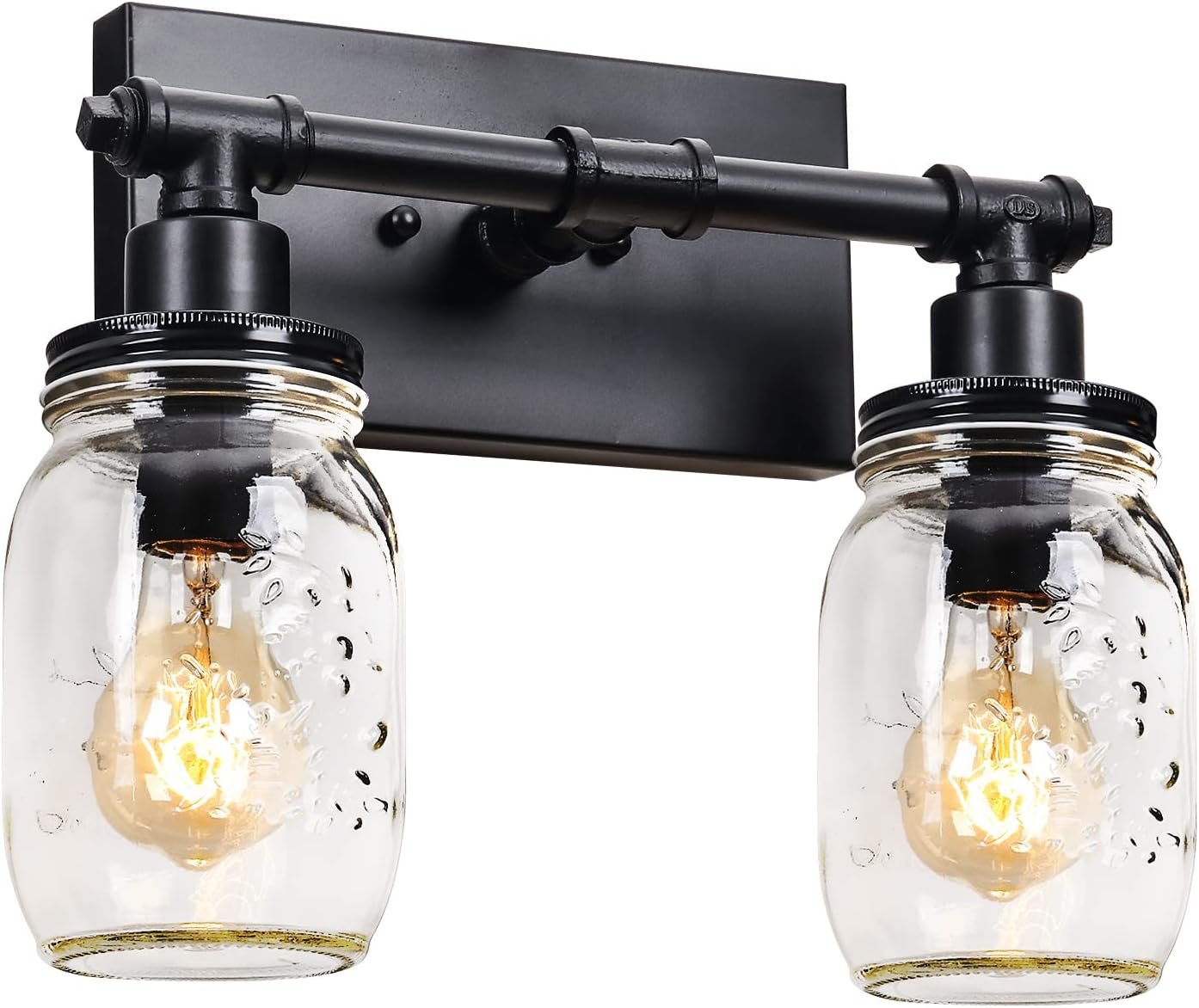2 Light Bathroom Vanity Light Black Bathroom Light Fixture, Industrial Farmhouse Wall Sconce with Glass Shades, Mason Jar Vanity Light Fixture, Pipe Wall Lamp for Mirror Bedroom Hallway Living Room