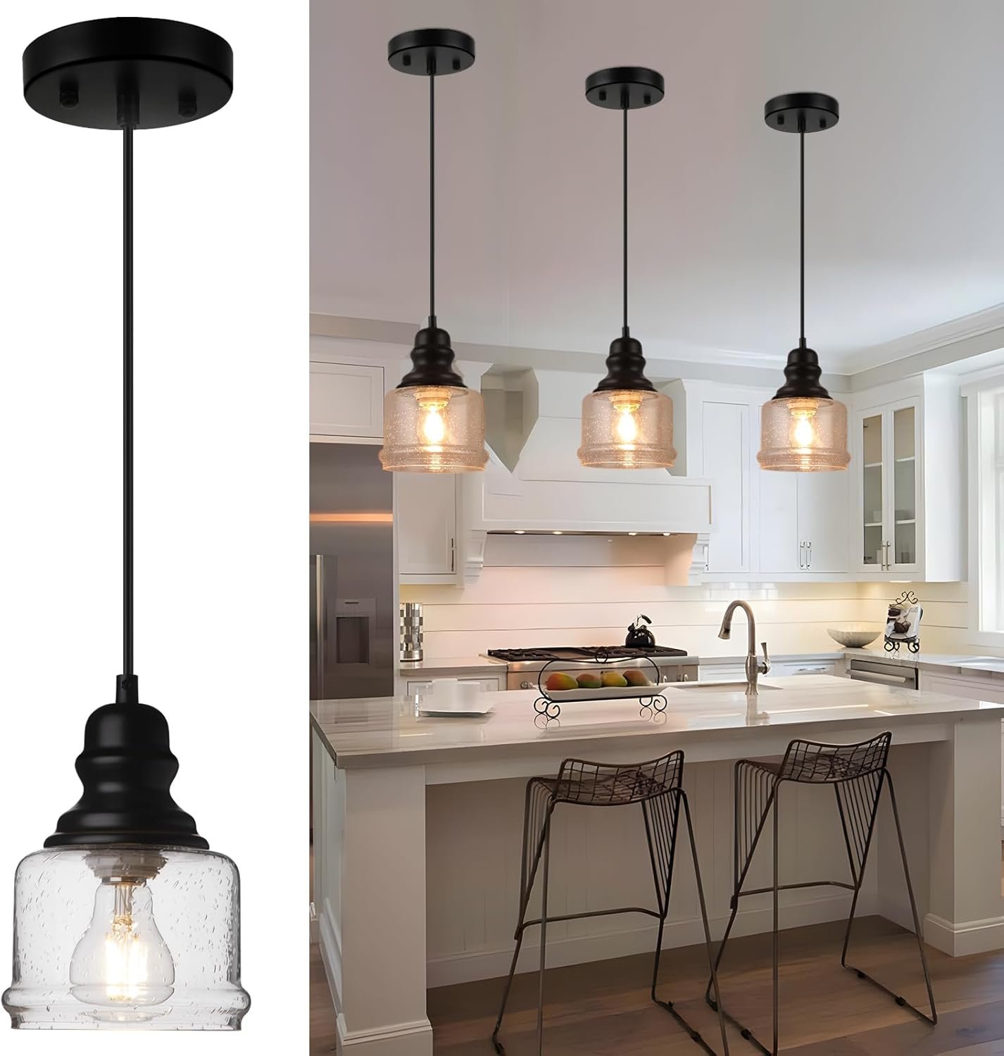 WILON Industrial Pendant Light, 4” Black Seeded Glass, Farmhouse Kitchen Island Lighting, Adjustable Ceiling Light for Dining Room, E26 Bulb Base, Dimmable