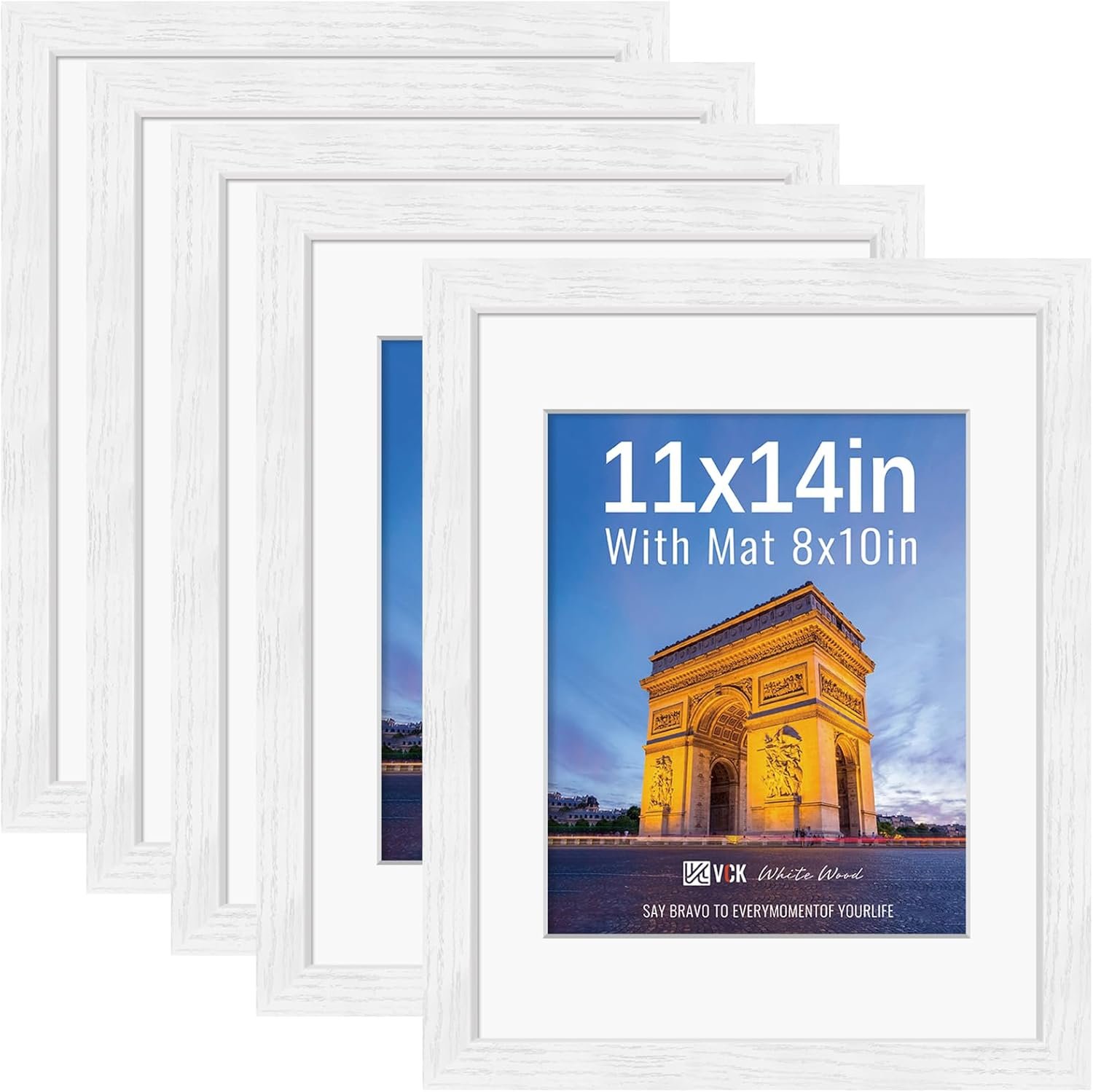 VCK 11×14 Picture Frames White Set of 5, Wide Border Wood, Tempered Glass, Display 8×10 Poster Photo with Mat or 11 x 14 Without, for Home, Office, Gallery, Woodgrain Series, Wall Hanging