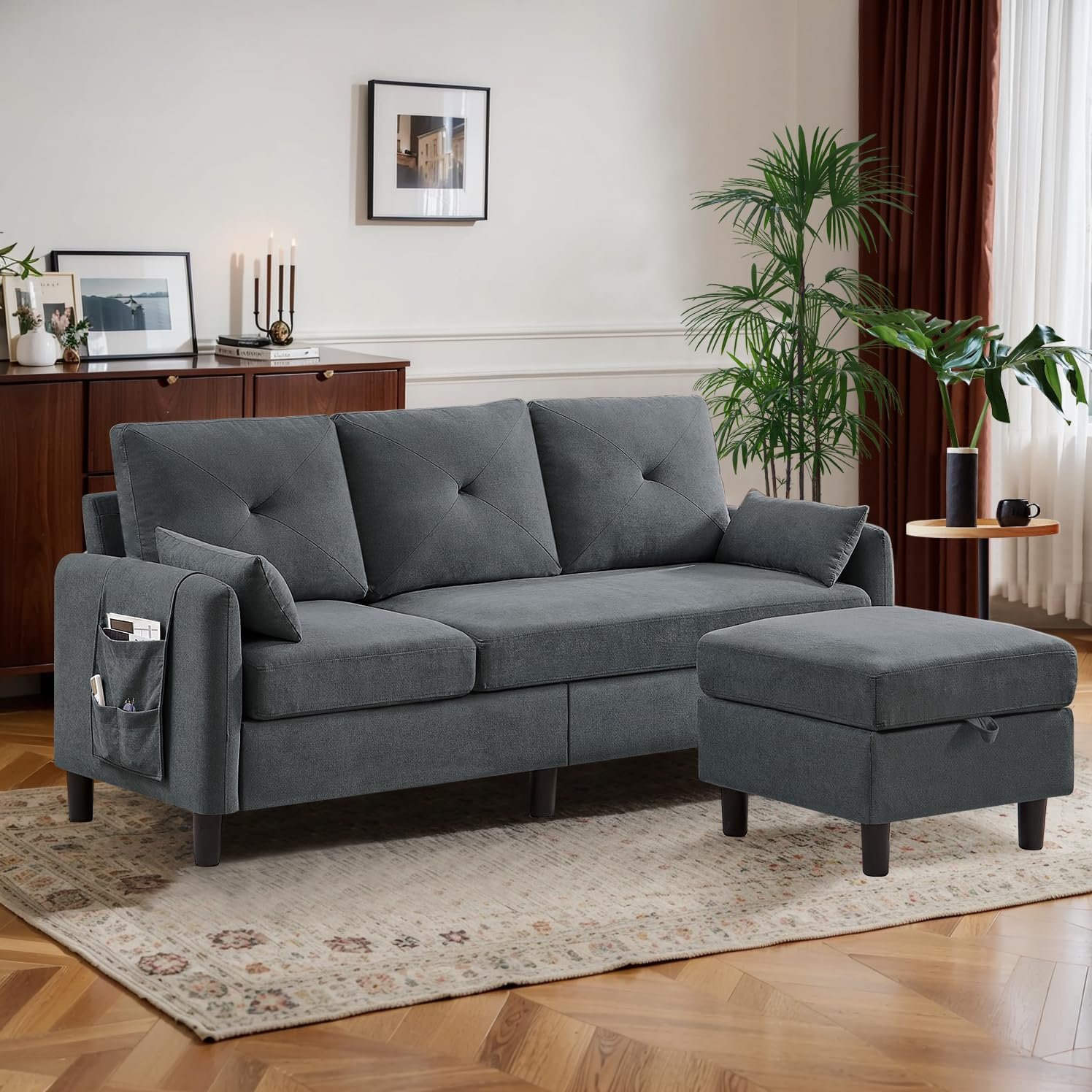 77″ Convertible Sectional Sofa, Small L Shaped Couch with Storage Chaise and Side Pcokets, 3 Seat Sofa Couch, Modern Fabric Couches for Living Room, Apartment and Small Space, Dark Grey