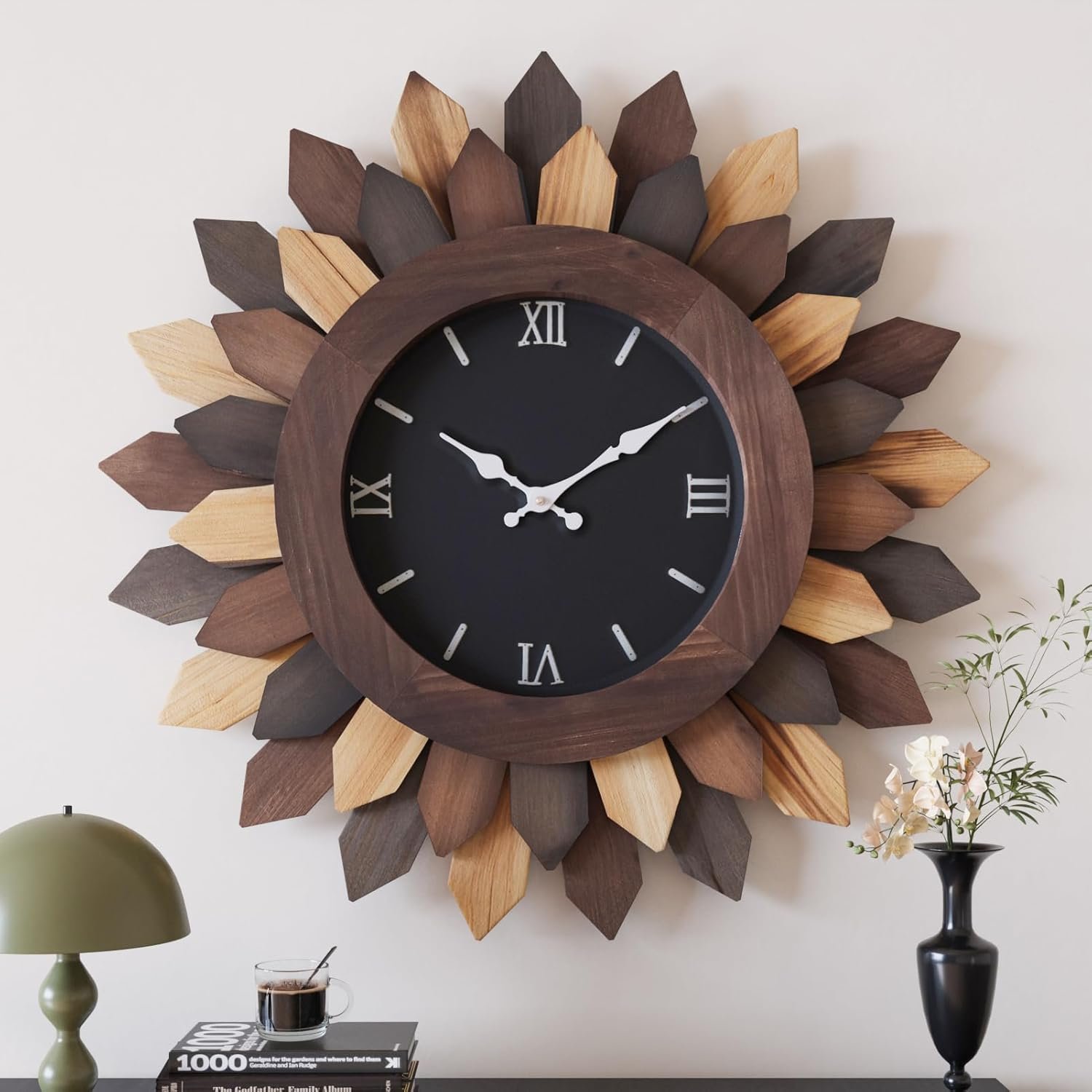 24” Large Wall Clock for Living Room Deco Boho Decorative Big Oversized Silent Battery Operated Farmhouse Wood Wall Clock for Office Home Dinning Room Bedroom Kithen