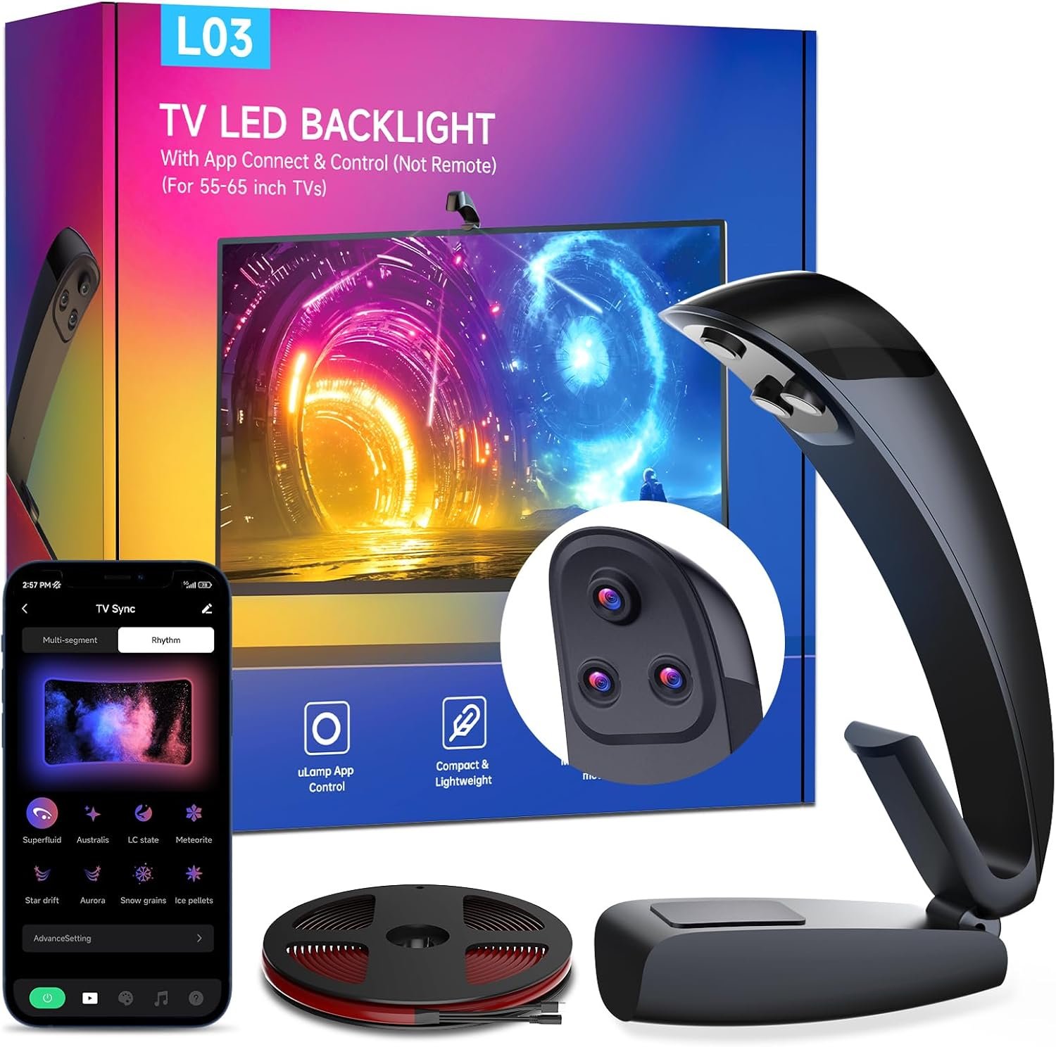 FFJ TV LED Backlight with Triple Sensor, 14.7ft RGB LED Strip Lights That Change with 55-65 Inch Screen, Smart App Control, Music Sync, for Home Decoration – Upgraded Version