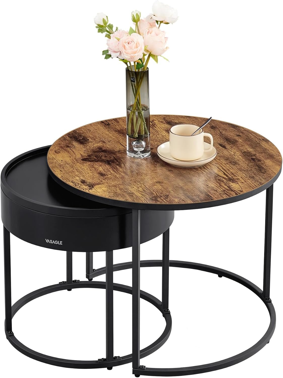 VASAGLE Round Coffee Tables, Set of 2 Nesting Tables, Modern Round Side Tables with Hidden Storage and Top Tray, for Living Room, Bedroom, Office, Rustic Brown and Ink Black ULCT044K01