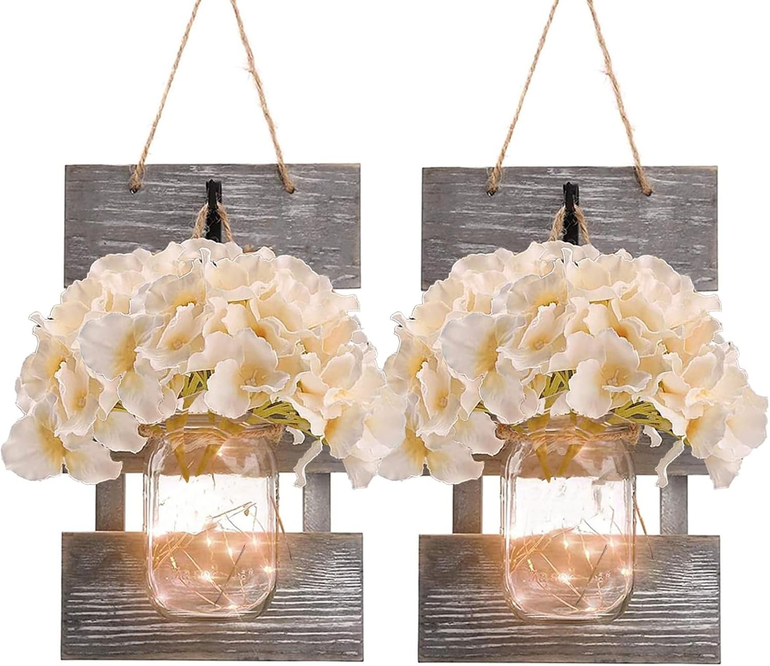 Wall Sconce Decor 2pcs, Mason Jar Wall Sconce Farmhouse Home Decor with 9.8FT LED Fairy Lights 4Flowers, Modern Art Living Room Bedroom Bathroom Decorative Hanging Gray