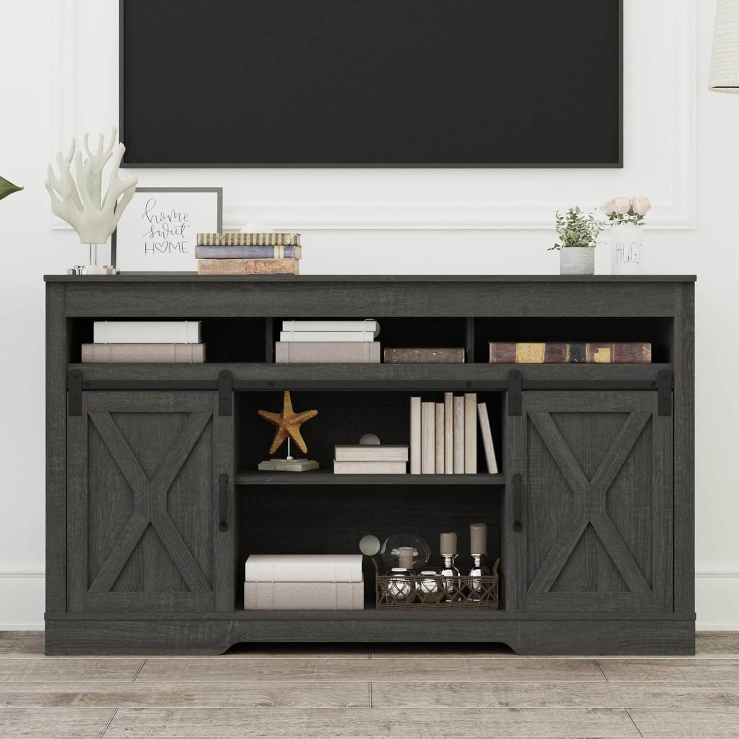 RoyalCraft Farmhouse TV Stand for 65+ Inch TV, 34” Tall Entertainment Center with Sliding Barn Doors, Rustic Wood Media Console Storage Cabinet Television Stand for Living Room, Bedroom (Dark Grey)
