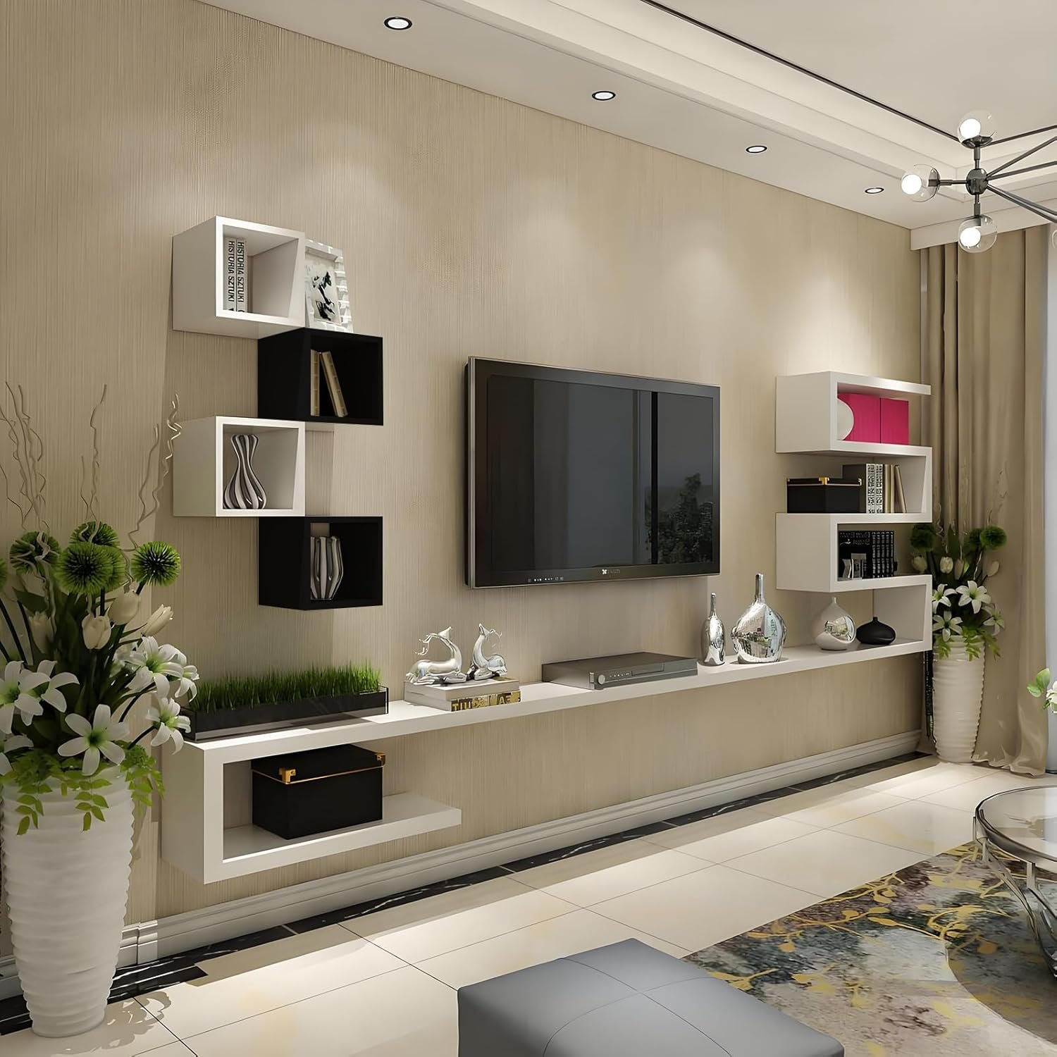 Wall Mounted Floating TV Shelf, Modern Wood Entertainment Center Stand with Storage for Living Room, Bedroom, Black/White Left White, Right Black 63″