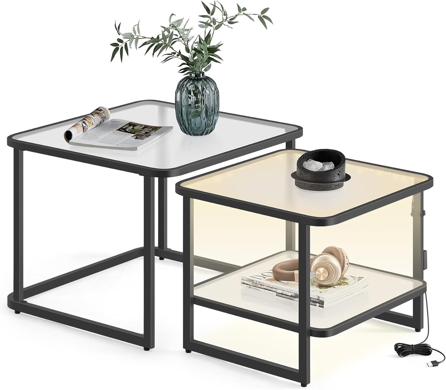 VASAGLE Nesting Tables Set of 2, Frosted Glass Coffee Table with LED Lights, Modern Square Side Tables with Bottom Shelf, for Living Room, Bedroom, Office, Cloud White and Ink Black ULCT246B01