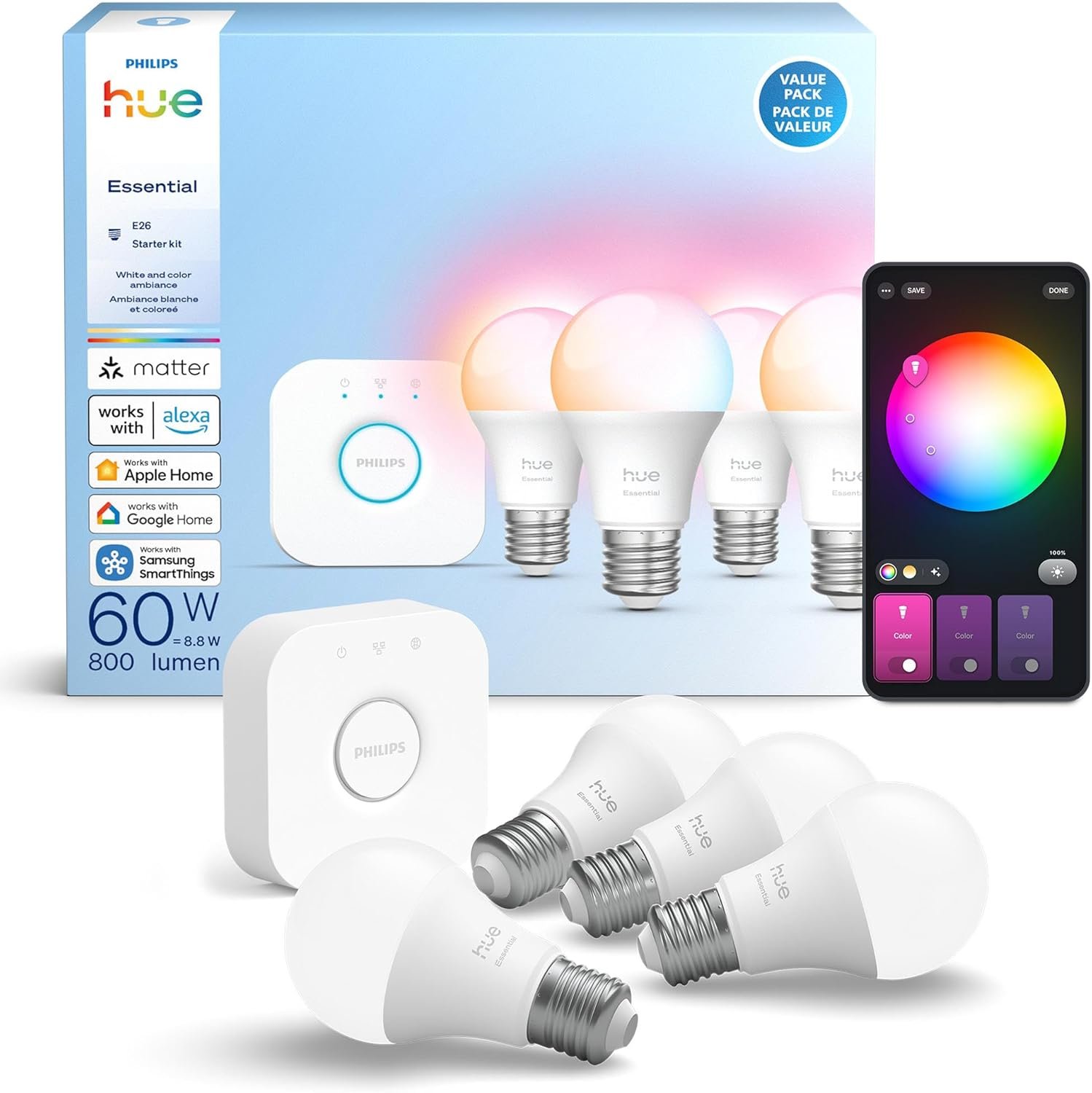 Philips Hue Essential Starter Kit: Bridge + 4 Essential E26 Smart Bulbs,White & Color Ambiance,2200K-6500K,Dimmable,Compatible with Alexa,Google,Samsung SmartThings,Apple Home